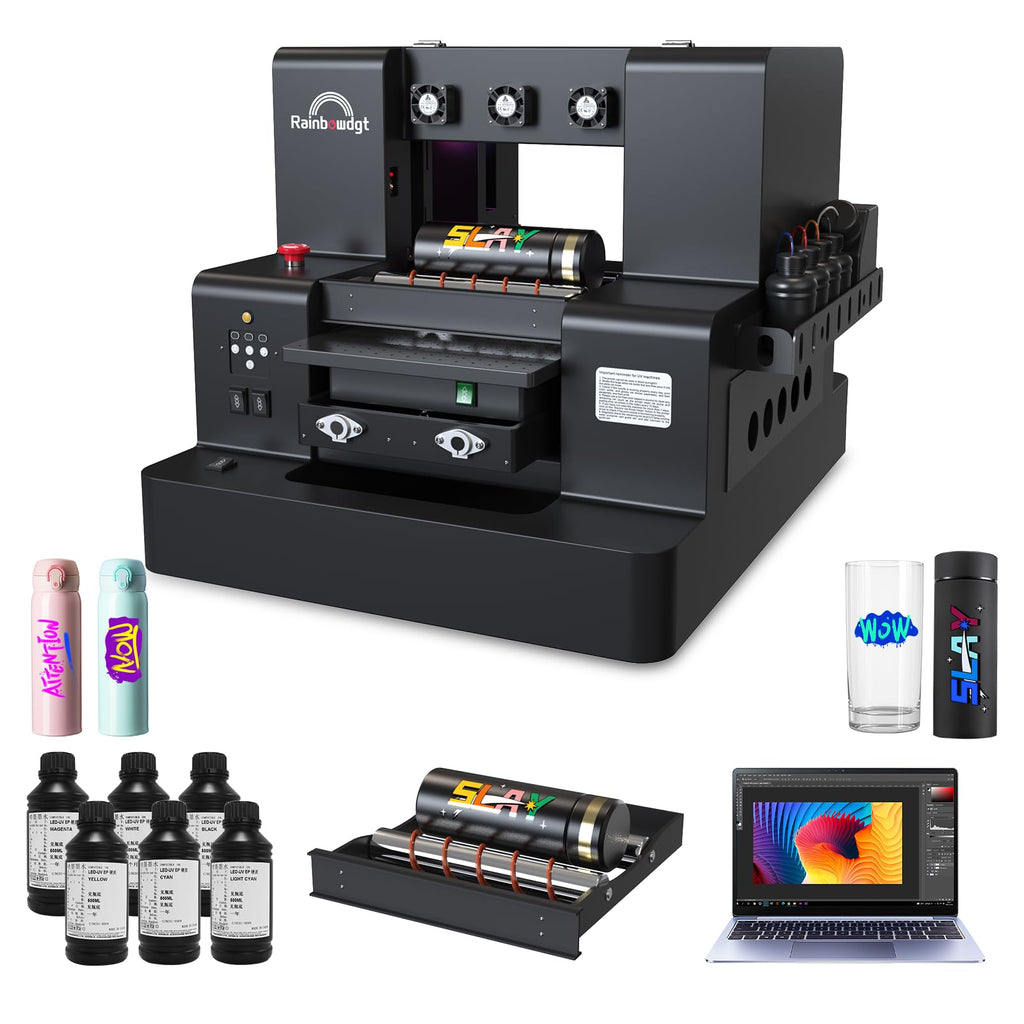 RAINBOWDGT A3 UV Printer Machine,5760x2880 DPI,Bottle Holder & Stickers