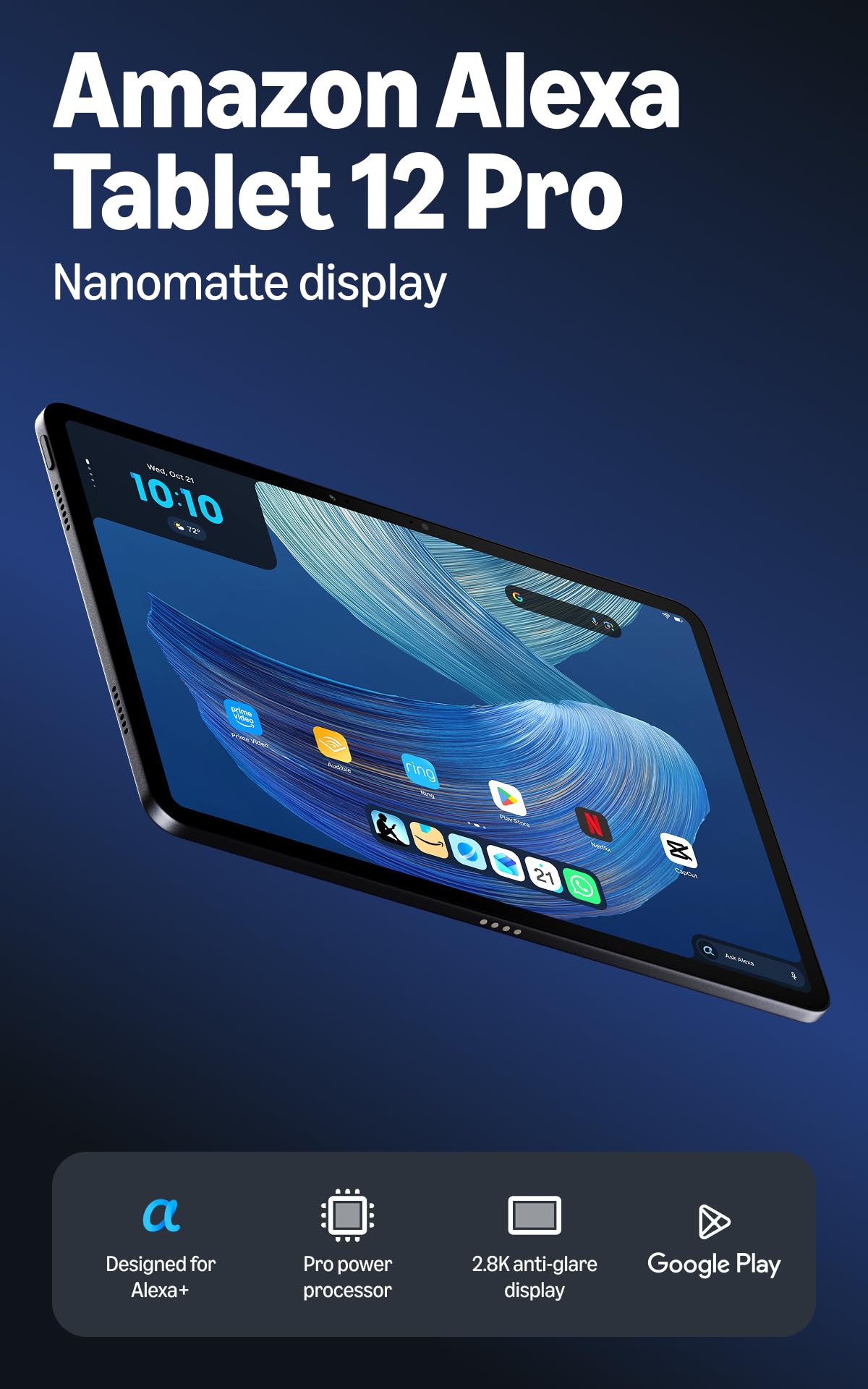 Amazon Alexa Tablet 12 Pro (all-new), 8GB RAM, 128GB, 12″ 2.8K Nanomatte display, All-day battery, With Google Play, Designed for Alexa+, Graphite