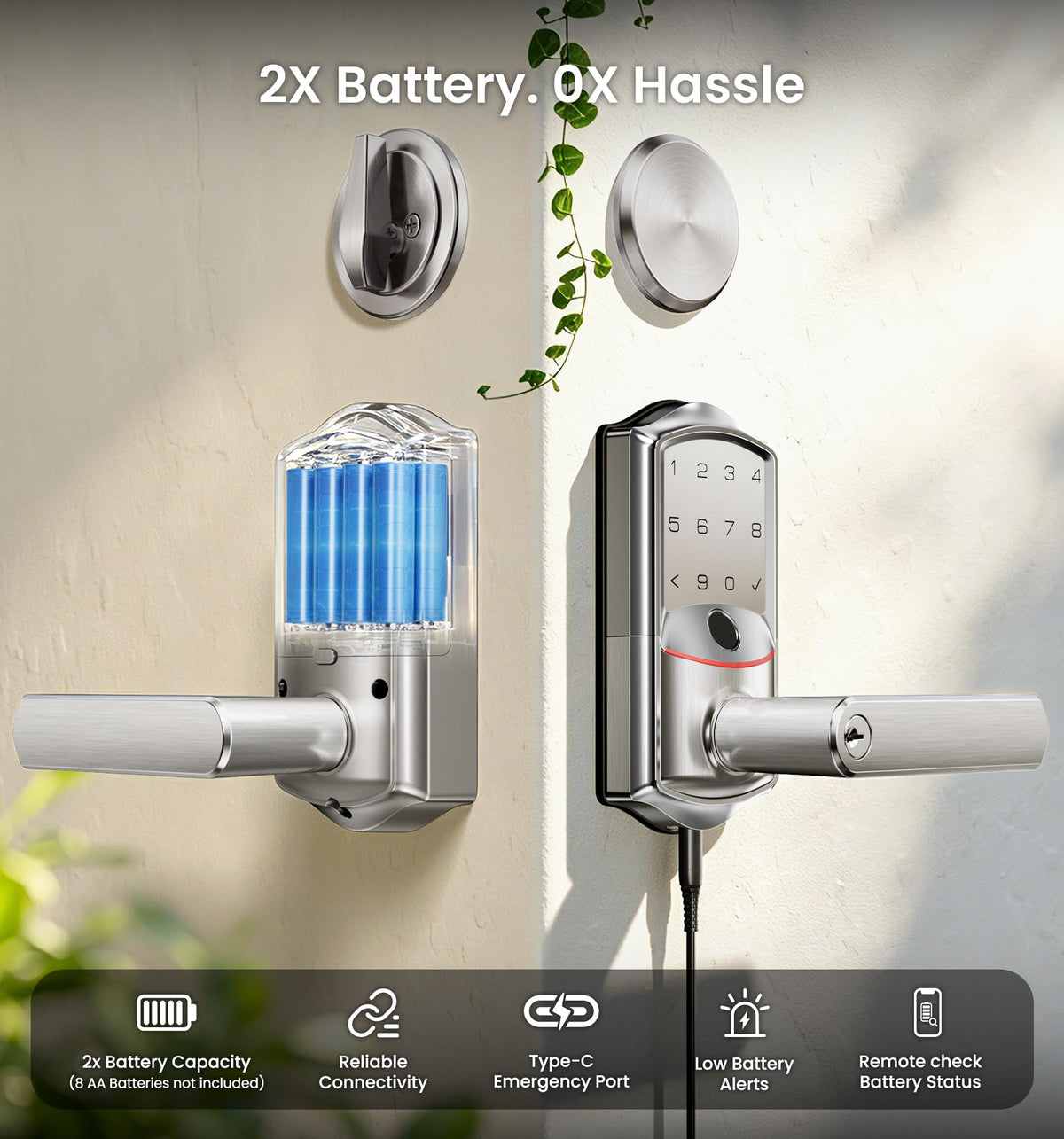Veise VE029-E WiFi Smart Lever Lock with Non-Keyed Deadbolt, Satin Nickel