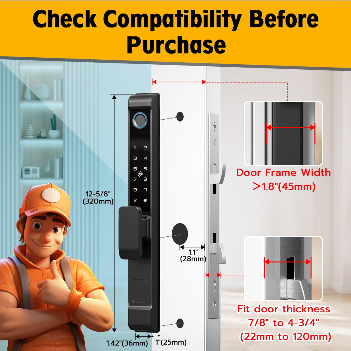 Sliding Glass Door Lock, Sliding Door Smart Lock with Fingerprint Keypad RFID Card Bluetooth App Key, 2885 Mortise Deep Pocket Patio Door Lock with Handle