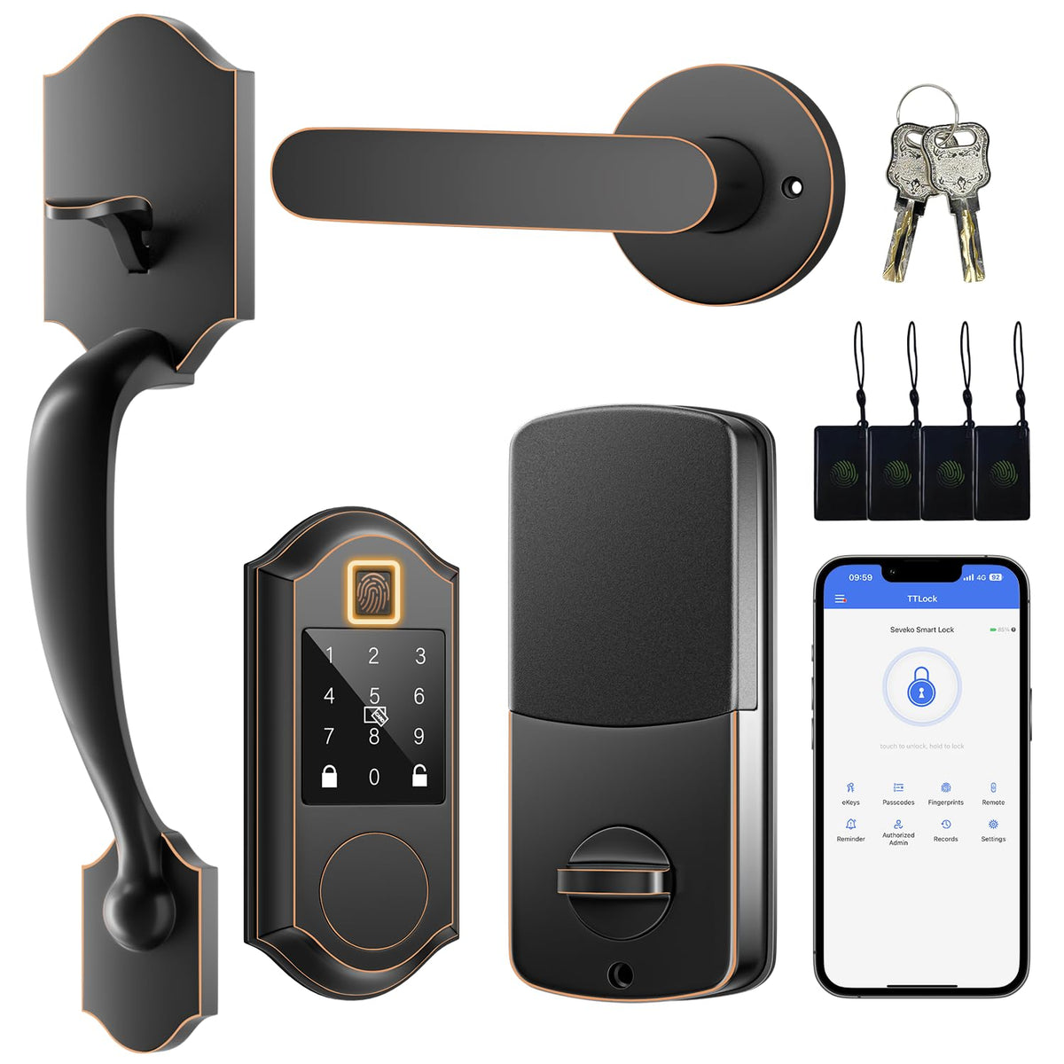 Fingerprint Smart Front Door Lock Set, Keyless Entry Door Lock with Handle, Smart Door Locks, Front Door Handle with Keypad and Deadbolt, Touchscreen, APP Control, Oil Rubbed Bronze