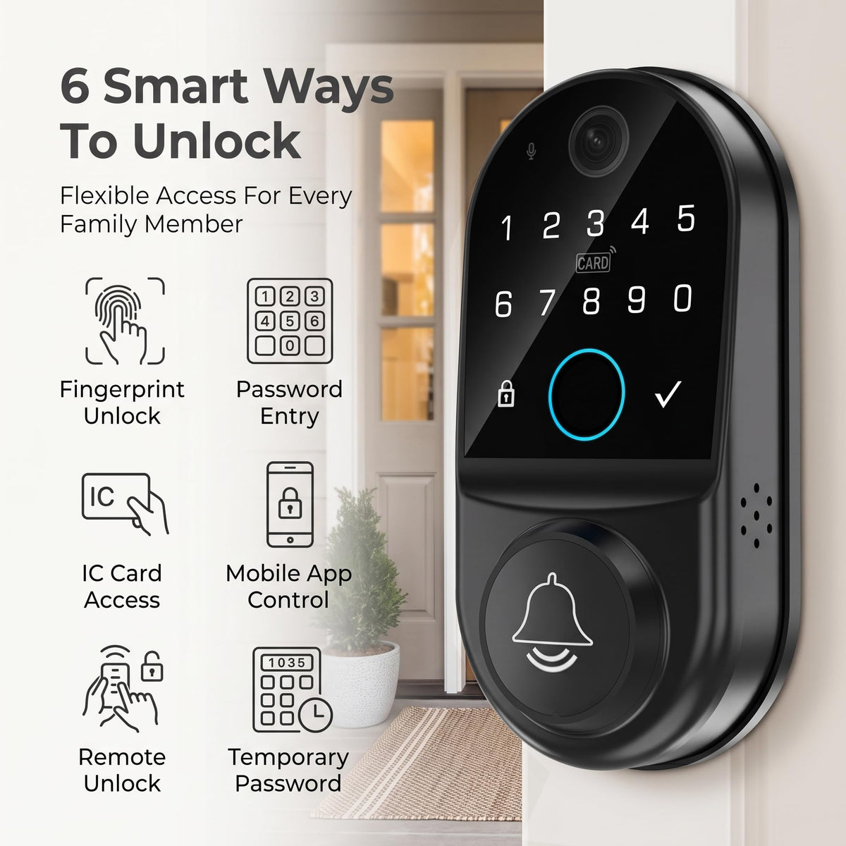 Smart Door Lock with Camera: 2.4GHz WiFi App Remote Access 1080p Monitoring