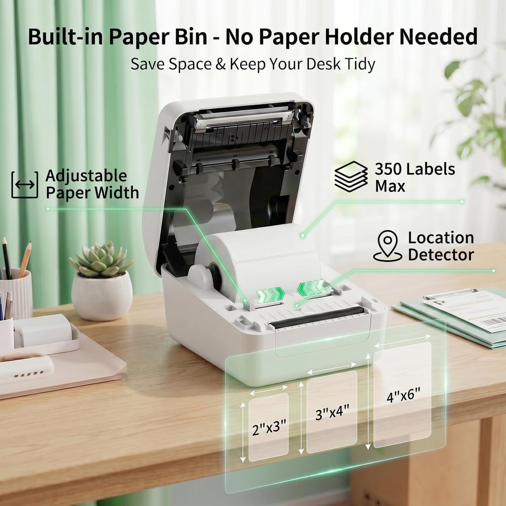 Bluetooth Thermal Shipping Label Printer with Built-in Label Bin, Wireless 4x6 Label Printer for iPhone, Android, Windows & Mac, Includes 50 Labels, Works with USPS, UPS, Amazon, Etsy, Shopify, White