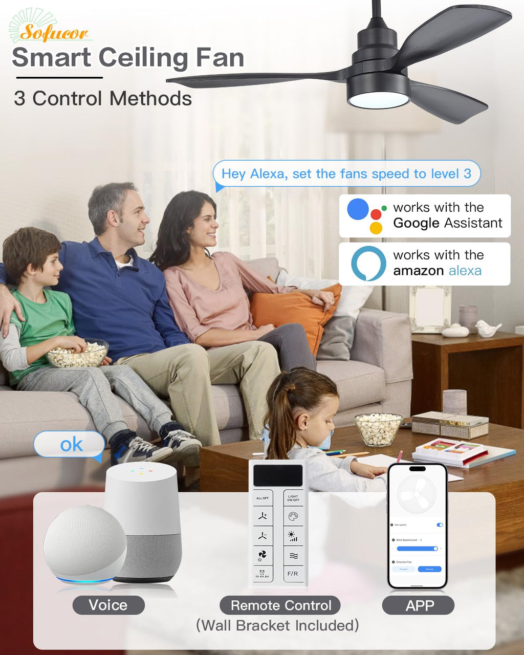 Sofucor 48 Inch Smart Wood Ceiling Fans with Lights, Flush/Downrod Mount