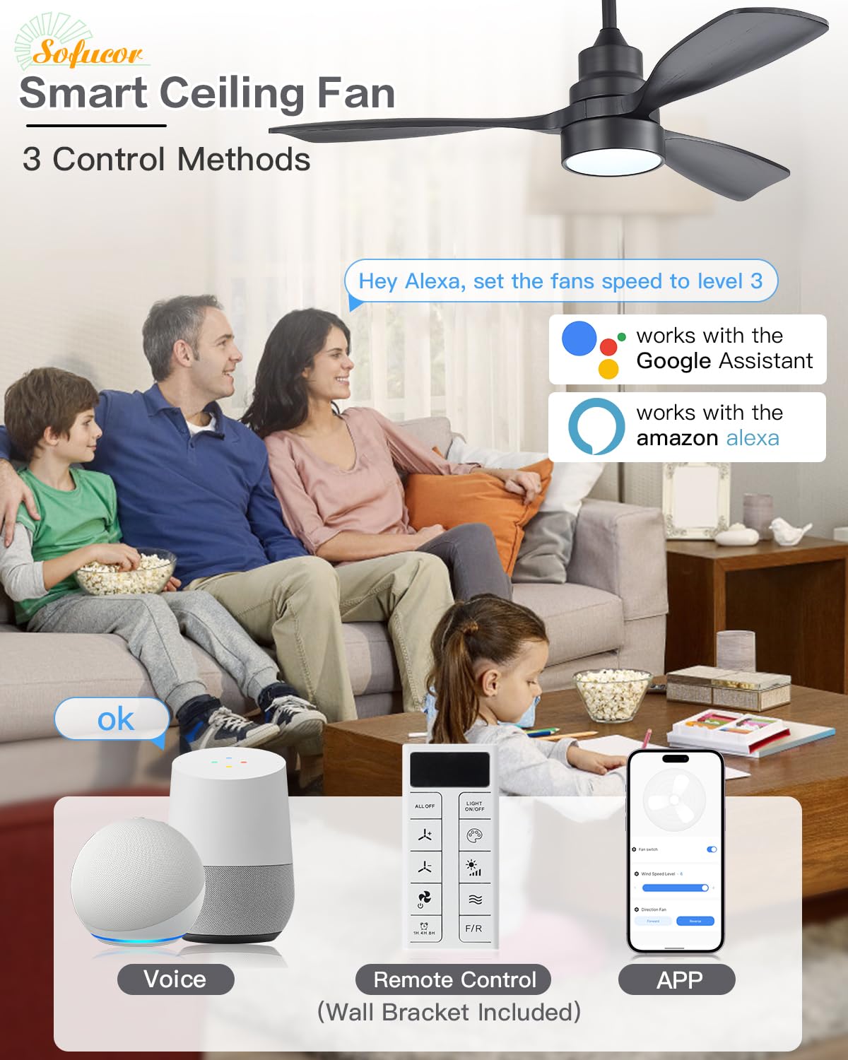 Sofucor 48 Inch Smart Wood Ceiling Fans with Lights, Flush/Downrod Mount