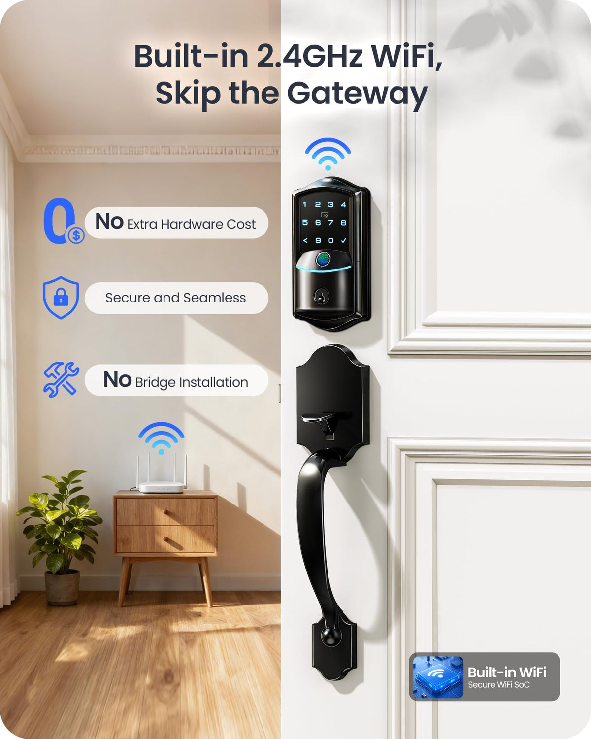 Veise VE027-H Wi-Fi Smart Lock for Front Door with Handle Set, Matte Black