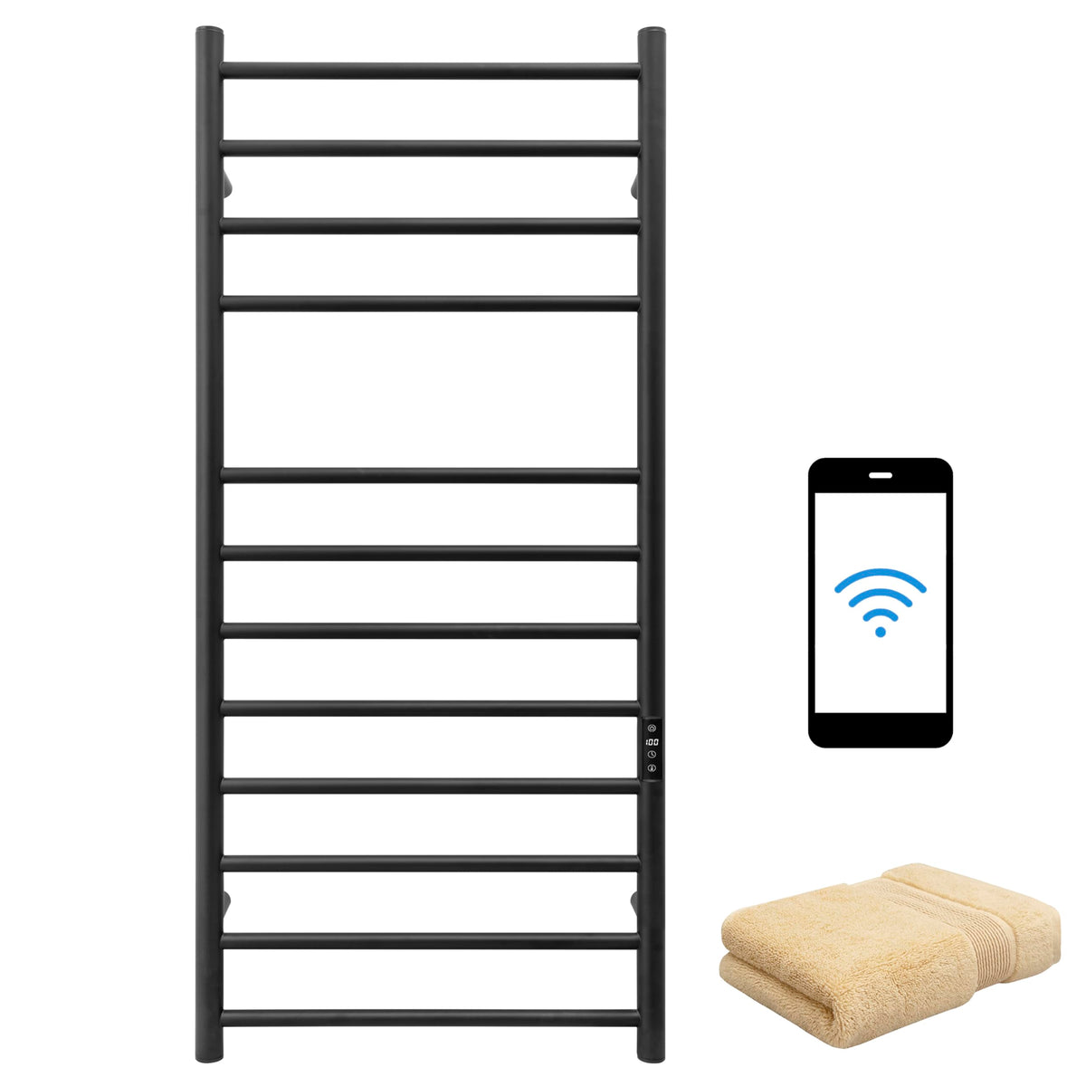 Smart WiFi Towel Warmer Wall Mounted with Built-in Timer and Temperature Adjust Control, 4 Bars Electric Stainless Steel Heated Towel Racks for Bathroom Matte Black