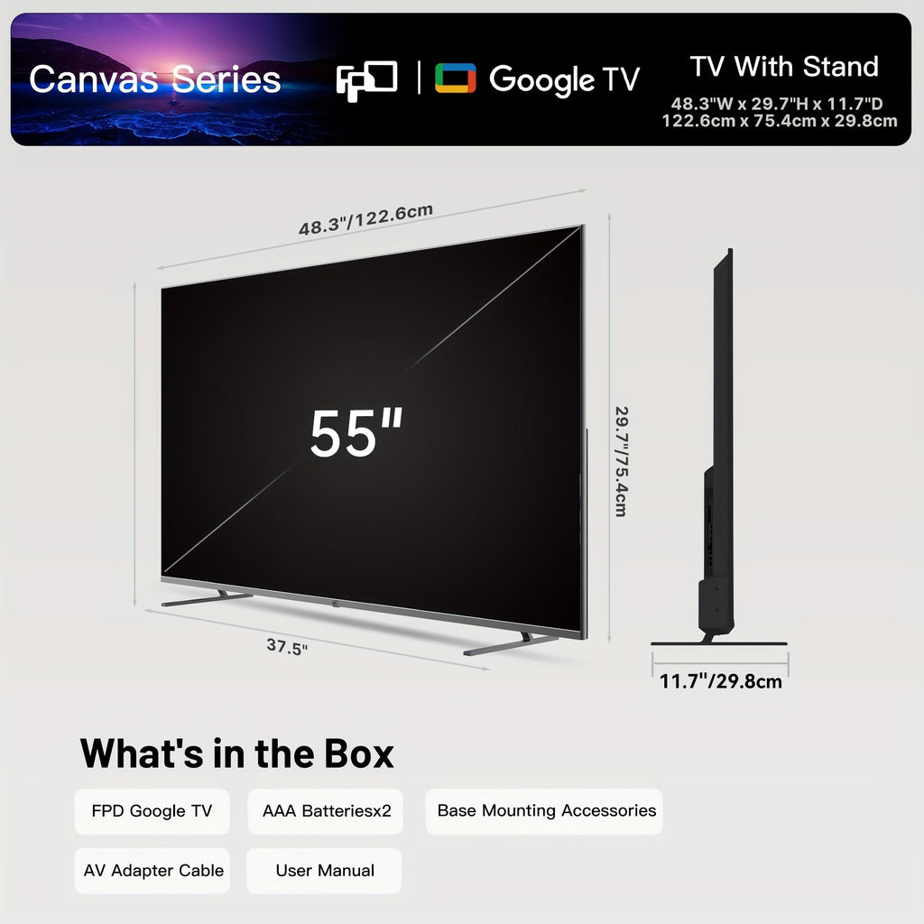 FPD 55-inch Smart TV Google TV 4K UHD with Google Play and Google Cast Built-in, HDR 10, Dolby Vision Dolby Atmos, MEMC, Voice Remote, Stream Live TV(Canvas-Series, CG55-C1, 2024 Model)