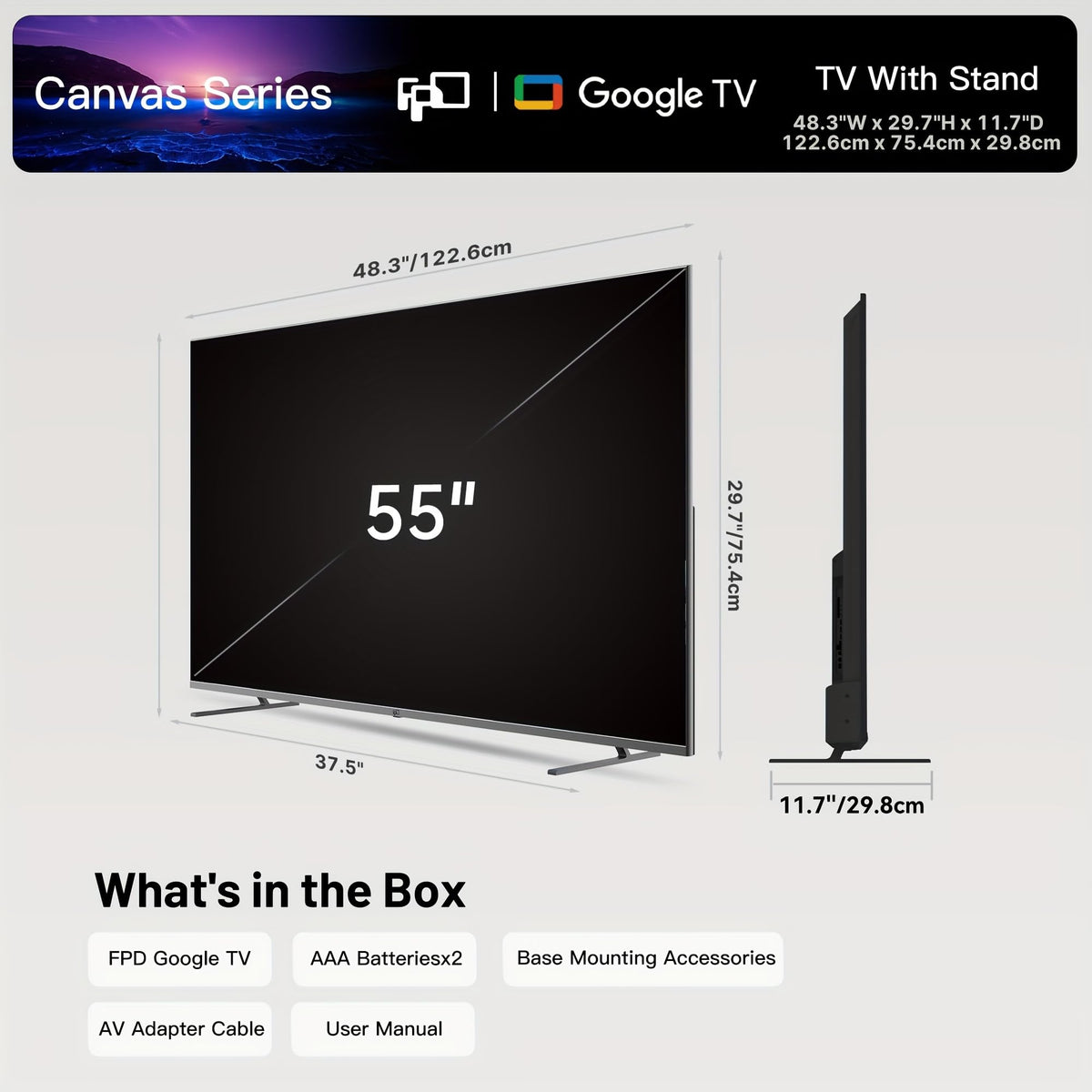 FPD 55-inch Smart TV Google TV 4K UHD with Google Play and Google Cast Built-in, HDR 10, Dolby Vision Dolby Atmos, MEMC, Voice Remote, Stream Live TV(Canvas-Series, CG55-C1, 2024 Model)