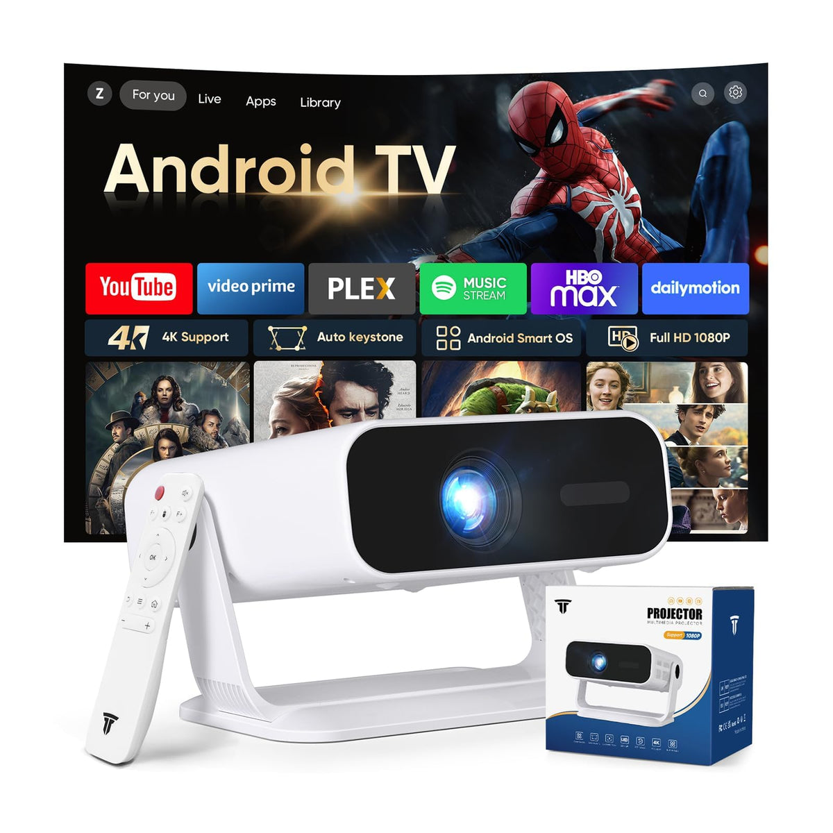 2026 New Smart Projector Built-in Apps Android 14 Native 1080P 4K Supported