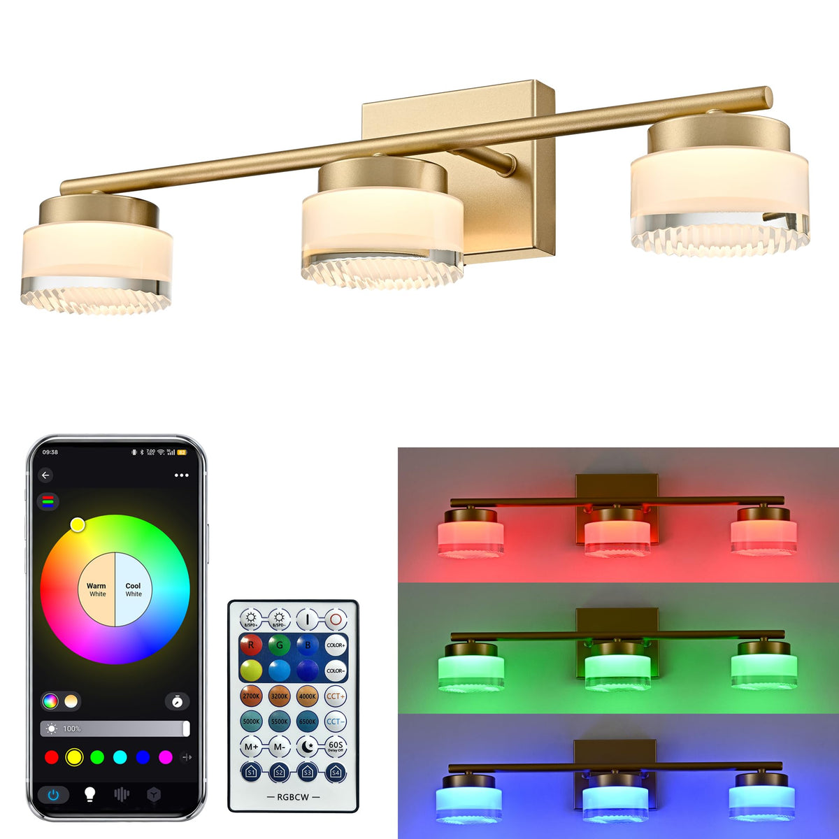 DAYCENT Black 3-Light Bathroom Vanity Lights with APP/Remote Control 21.26"