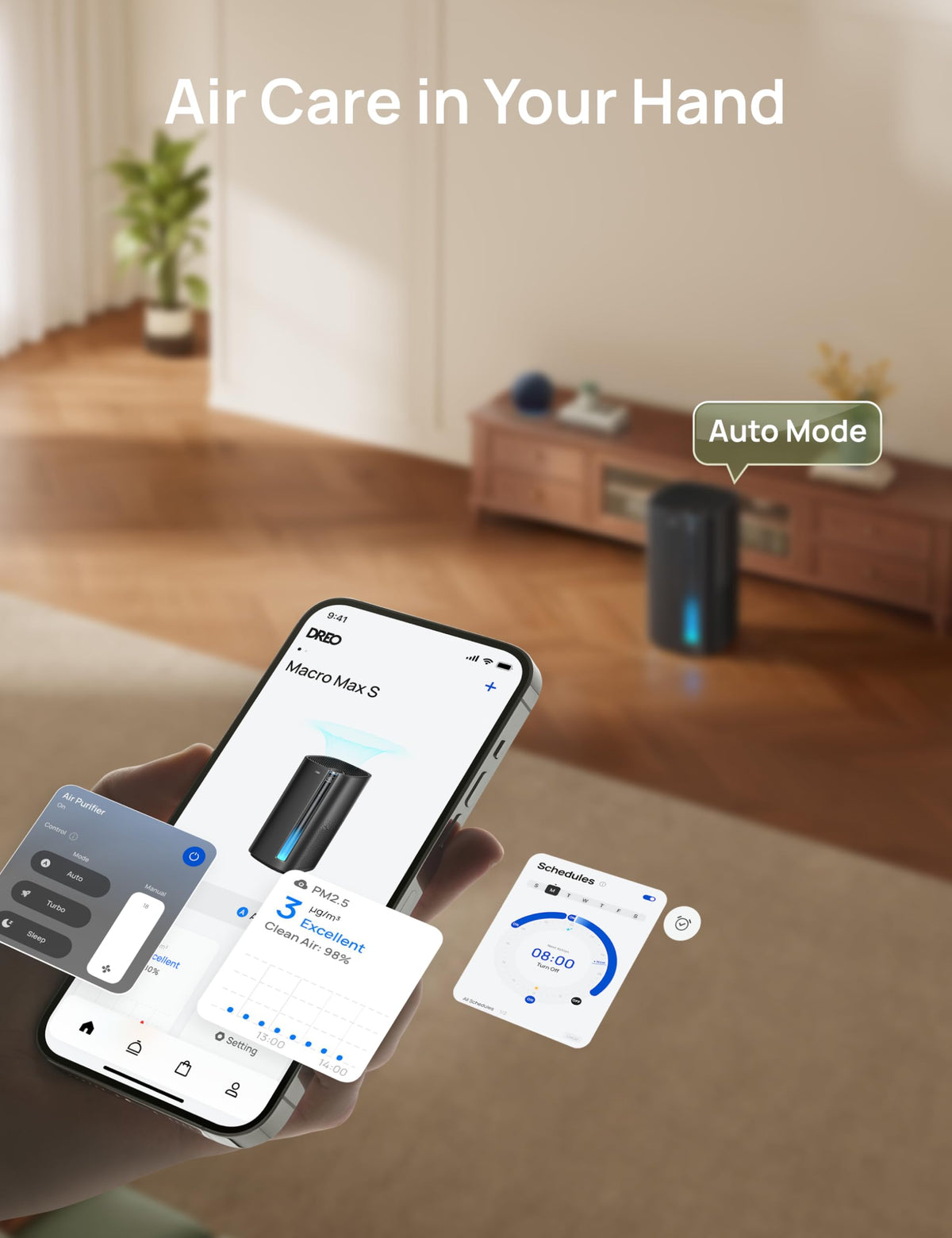 DREO Smart Air Purifier for Home, Washable Pre-Filter, Large Rooms Air Cleaner with Wi-Fi/Voice/Alexa,Smoke,Dust,Pollen,Odor,PM2.5 Monitor, 4 Speeds & Auto/Turbo/HEPA Sleep Mode, DR-HAP003AS Black