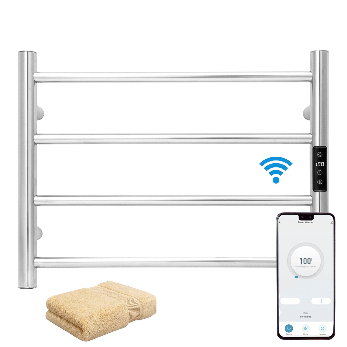 Smart WiFi Towel Warmer Wall Mounted with Built-in Timer and Temperature Adjust Control, 4 Bars Electric Stainless Steel Heated Towel Racks for Bathroom Matte Black