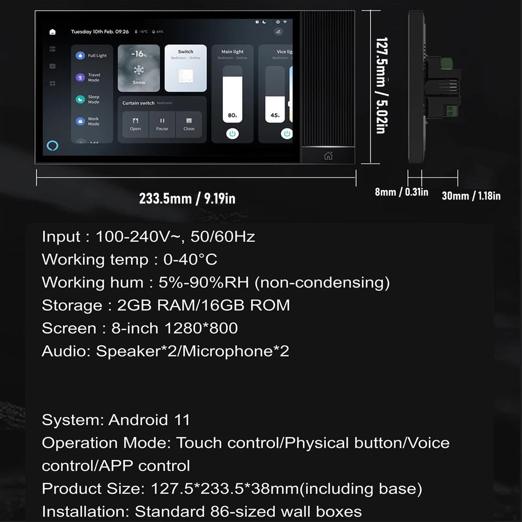 Yunseity Smart Home Music Touchscreen Control, 8 Inch 2G+16G Voice Control Player Scene Wall Panel for Android 11