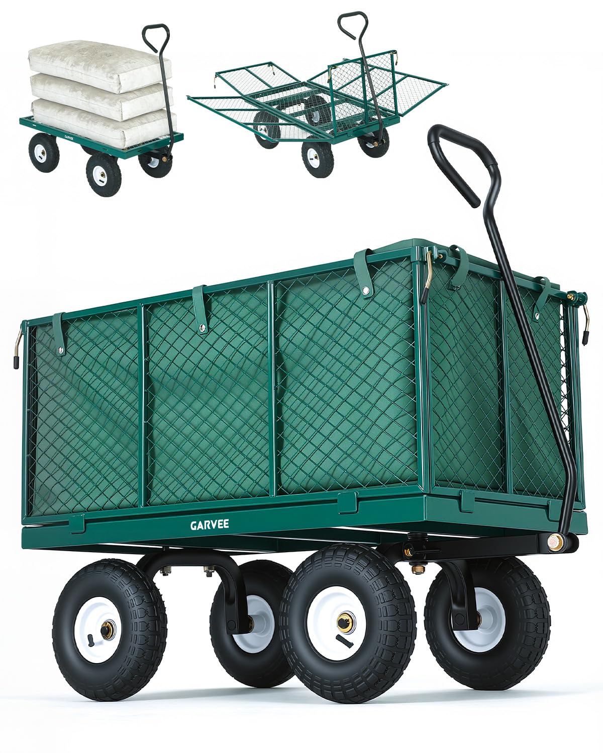 800 Lbs Steel Garden Cart, Utility Wagon with Removable Mesh Sides-Green
