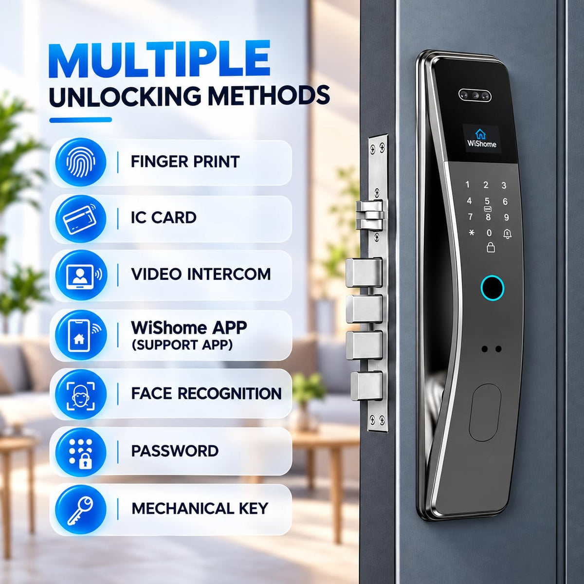 Smart Lock with Face Recognition: Biometric Palm Vine & Fingerprint, Video Intercom, Wishome APP Control, Keyless Entry Door Lock with HD Camera Display, Anti-Theft Alarm (Silver)