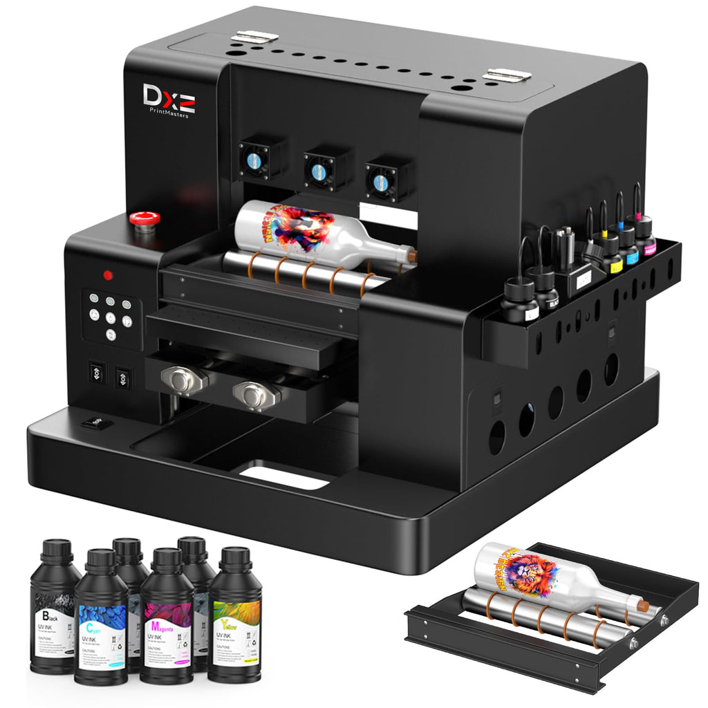 DXZ A3 UV Printer,Automatic L805 UV Flatbed Cylinder Printer with Varnish 100% Transfer Rate for Phone Case,Acrylic,Metal,Leather,Golf,Bottle,2-Year Ink Included