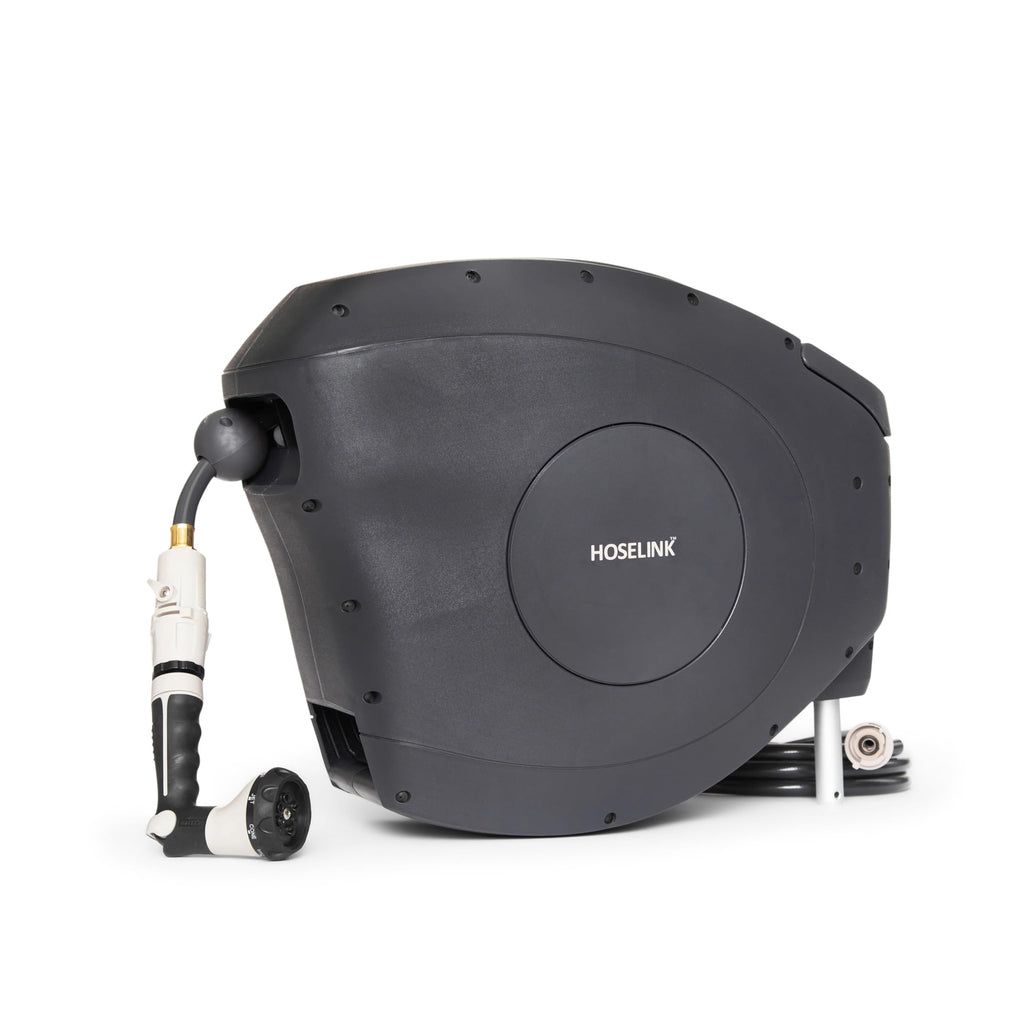 HOSELINK Classic Charcoal 100ft Automatic Retractable Garden Hose Reel, 1/2" UV-Stabilized Kink-Free Hose, Wall Mounted Complete Watering Solution for Backyard, Garden & Outdoor