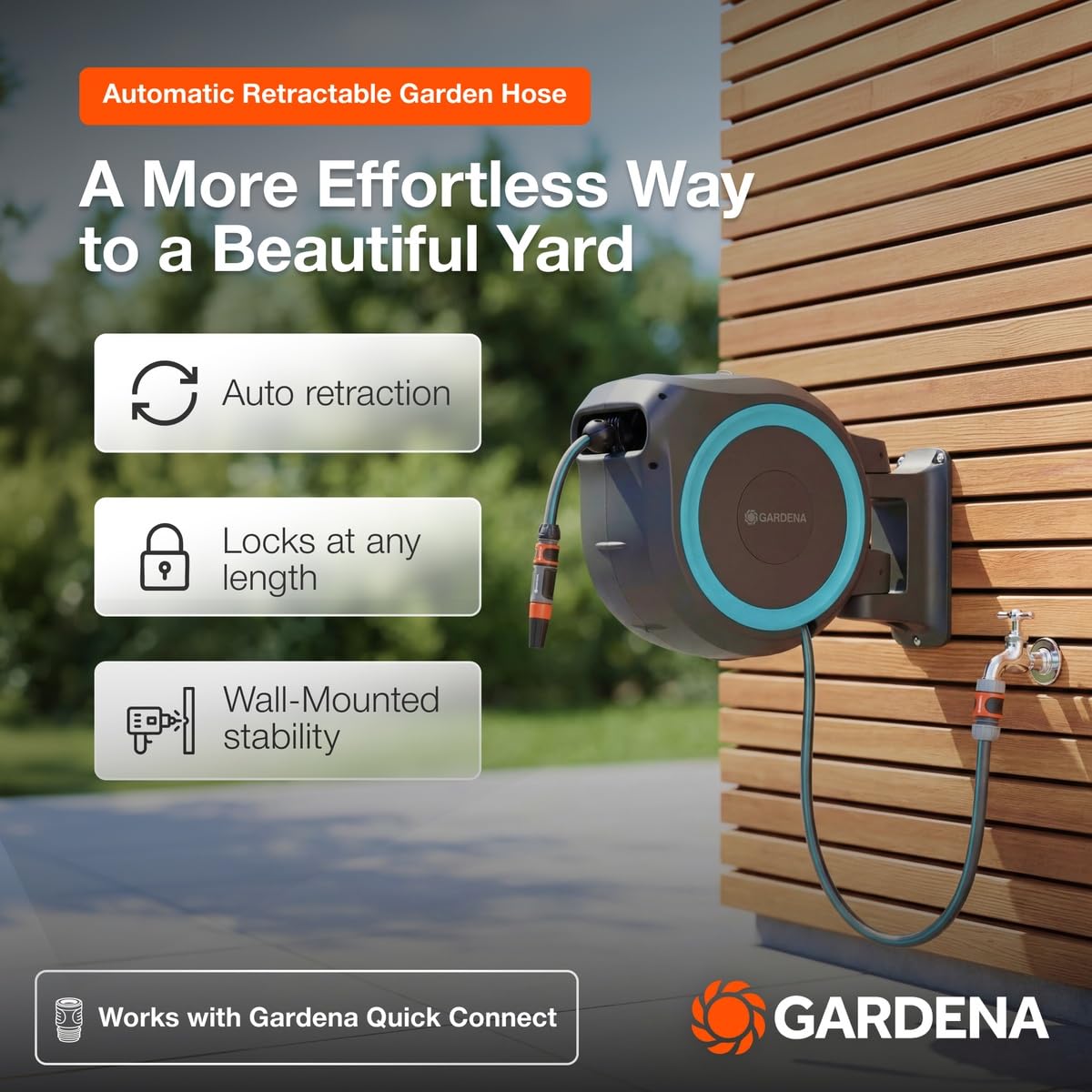 GARDENA Retractable Garden Hose Reel - 115 Feet - Auto Retract Hose Reel with 180° Swivel Wall Mount - Heavy Duty - Integrated Spray Nozzle - 18630