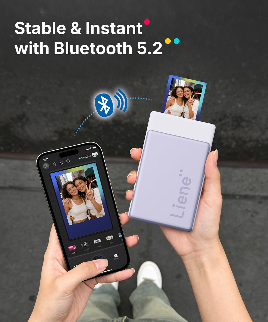Liene Pearl N200 Pro Portable Photo Printer, Instant Mini Picture Printer for iPhone Smartphone, Thermal Dye Sublimation, Bluetooth Sticker Printer 50 Sheets 2x3 Adhesive Paper & 5 Cartridges, Purple