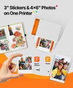 Liene Amber M110 Bluetooth Portable Photo Printer for iPhone, Thermal Dye Sublimation, Includes 80 Sheets, 60 4x6 Inch Sheets, 20 3 Inch Square Sticker Sheets and 2 Cartridges