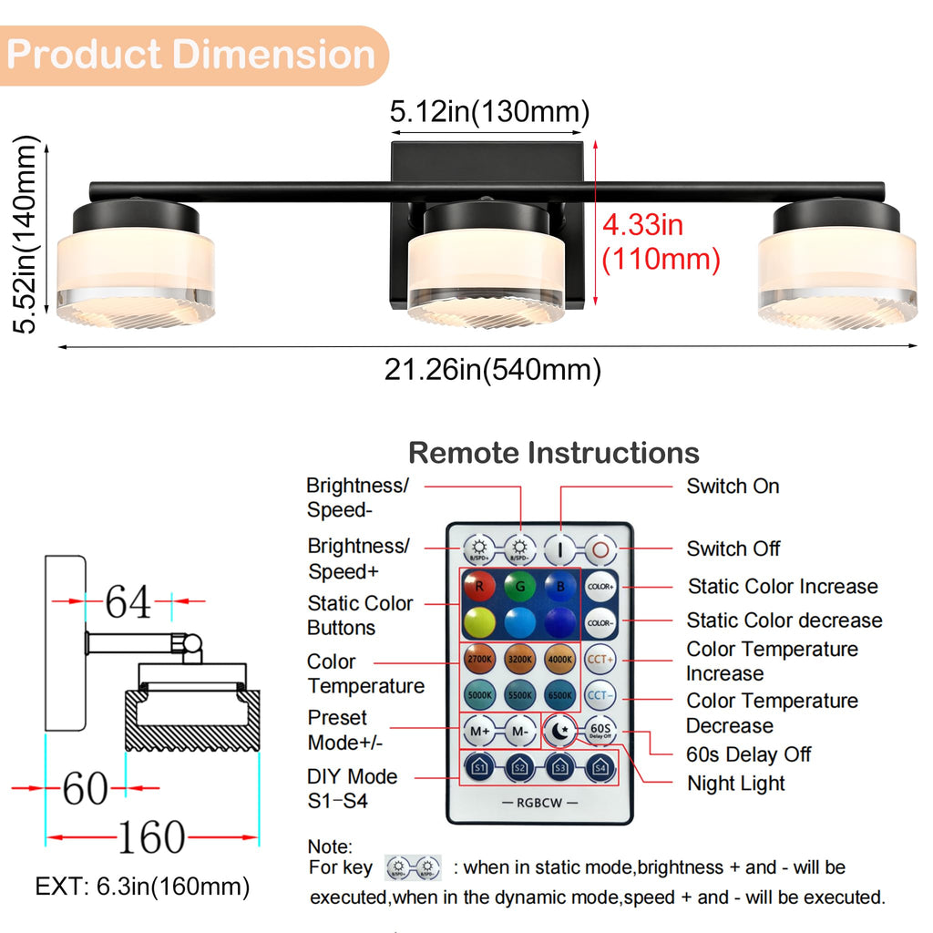 DAYCENT Black 3-Light Bathroom Vanity Lights with APP/Remote Control 21.26"