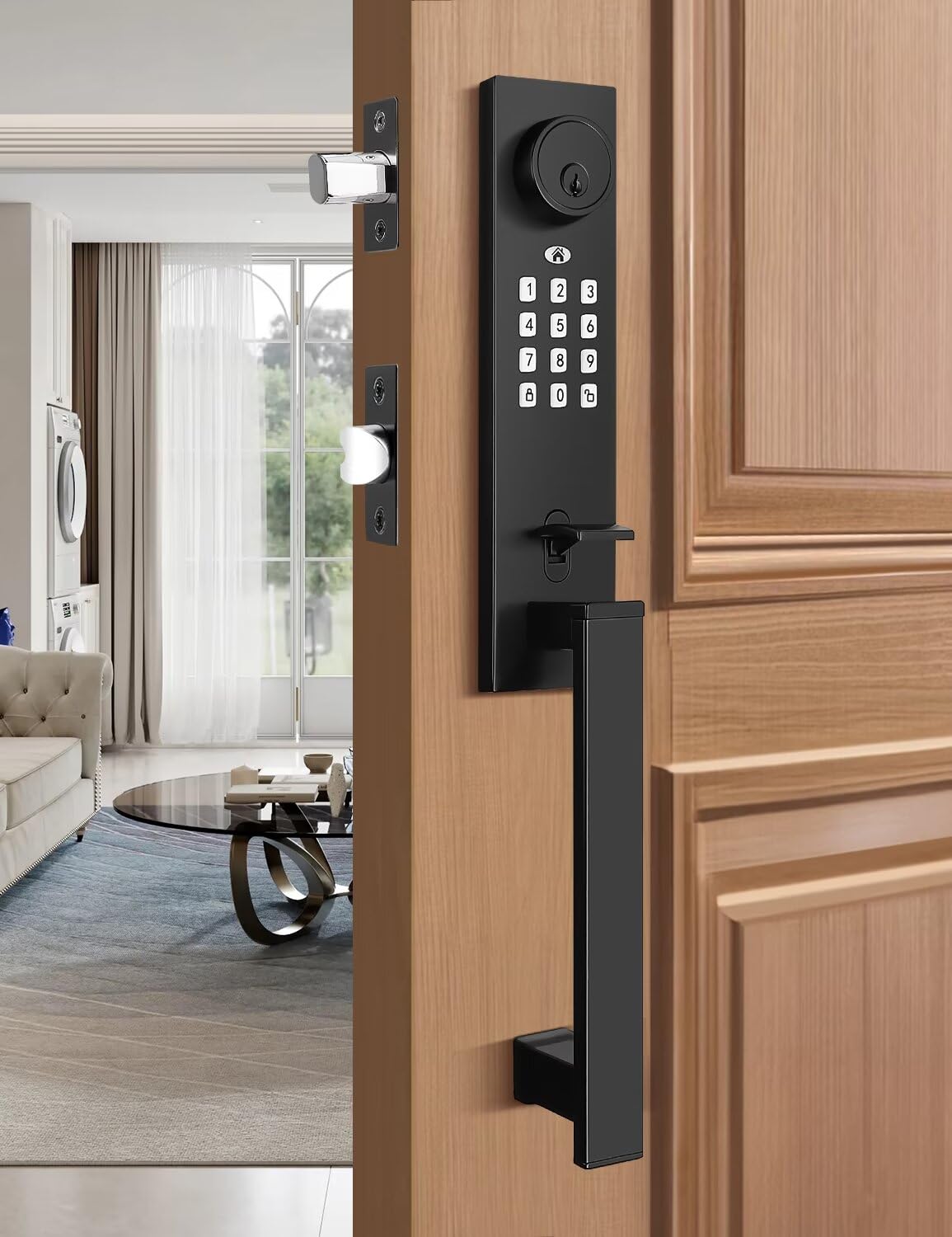 Keyless Entry Door Lock with Lever, Full Escutcheon Smart Door Handle, Digital Keypad Deadbolt with App, Front Door Handleset with Single Cylinder Deadbolt and Lever, Auto Locking, Black Finish
