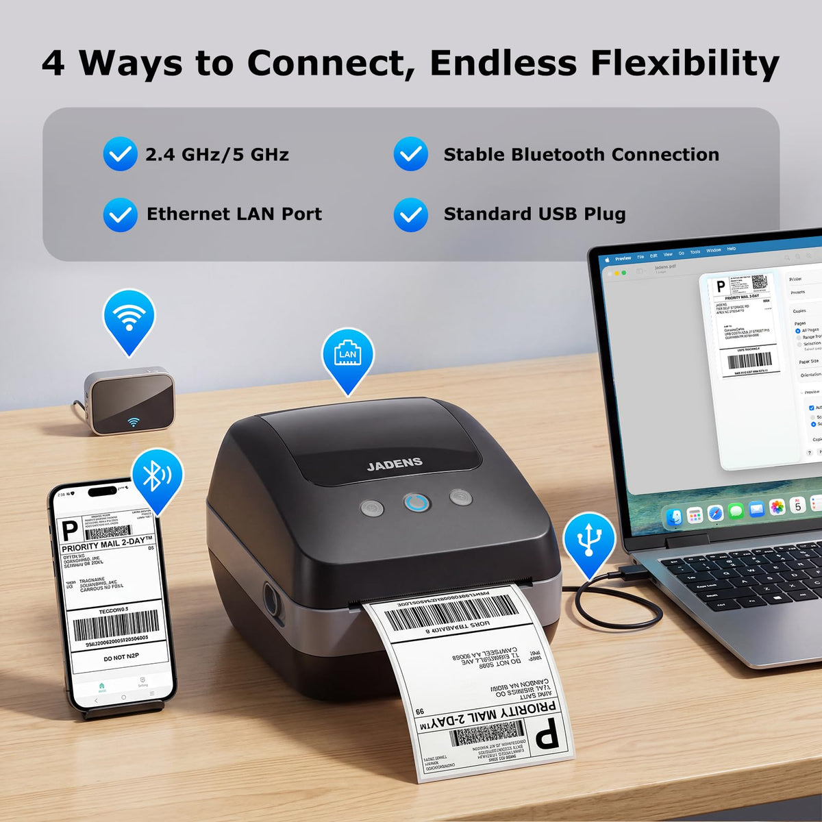 JADENS Dual-Band Wi-Fi 4x6 Shipping Label Printer for Small Business & Home