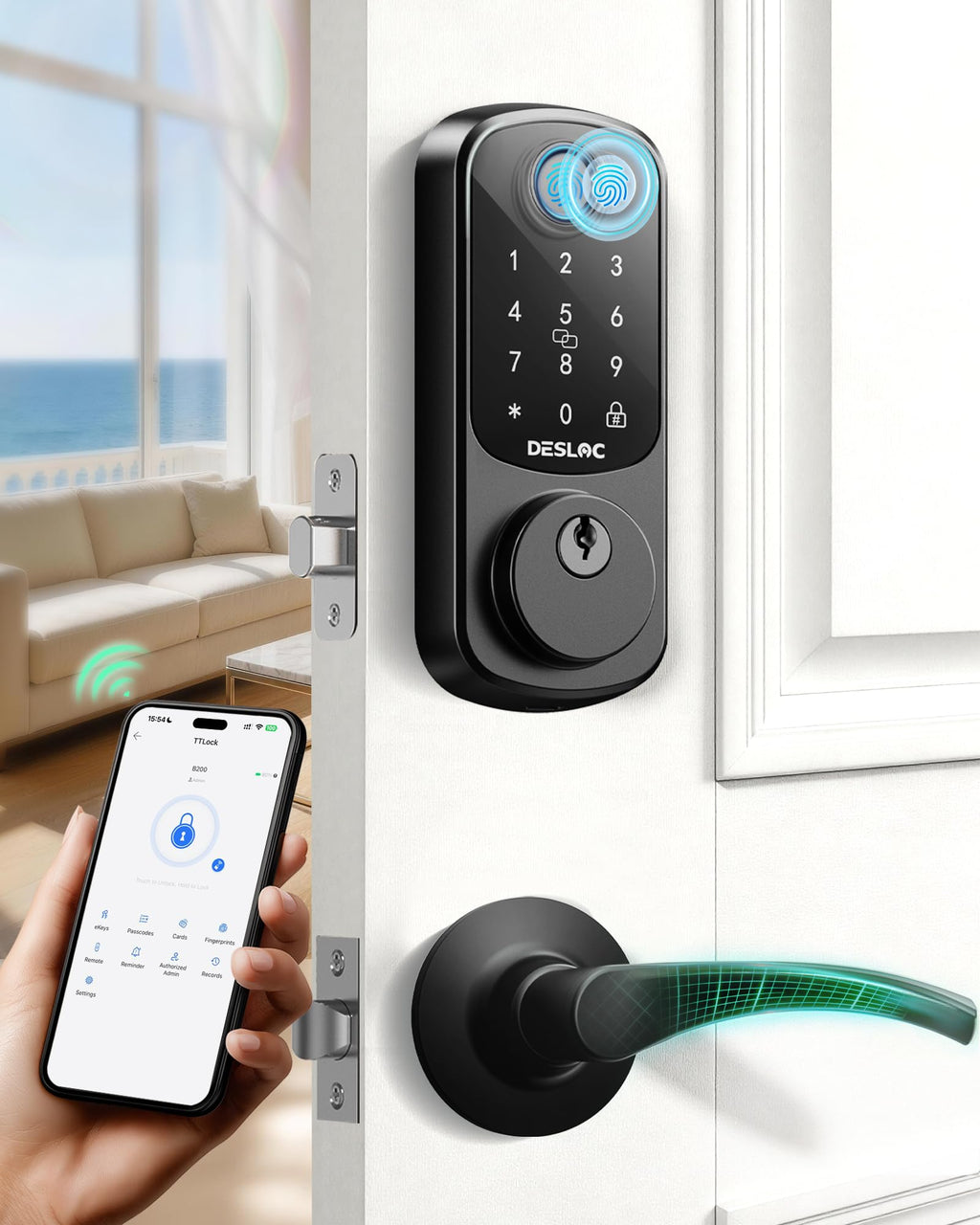 DESLOC B200 Fingerprint Smart Lock with 2 Lever Handles Set,Front door lock