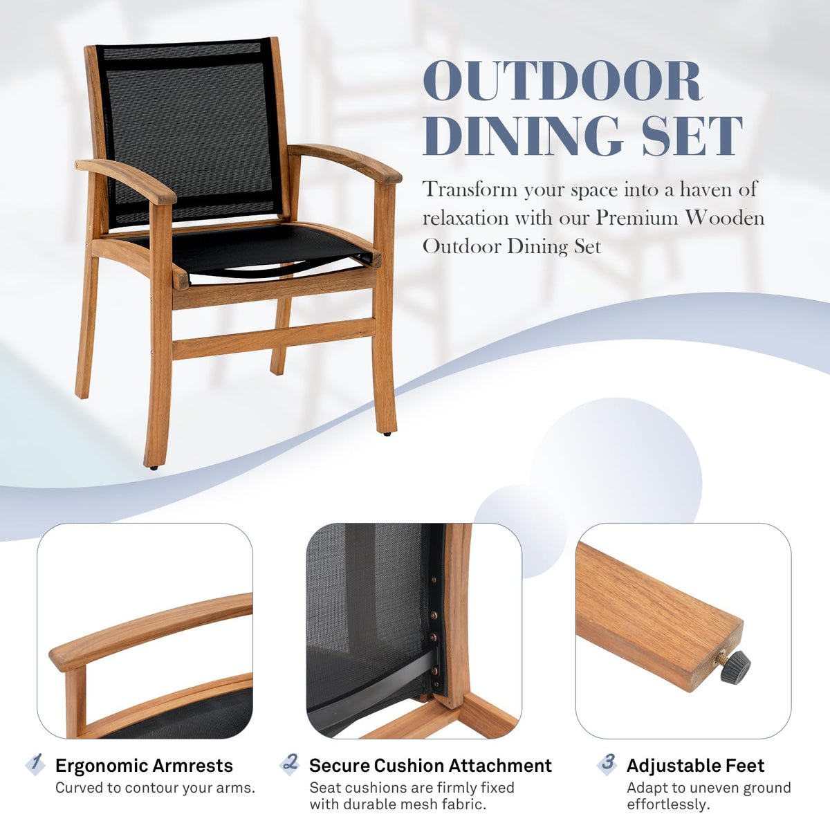 Acacia Wood Patio Dining Chairs Set (Black, 2 Pieces)