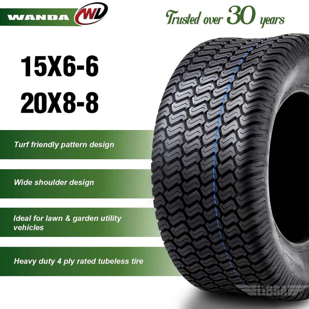 WANDA Set 4 15X6-6 & 20X8-8 Lawn Mower Tractor Turf Tires 4PR-13016/13035