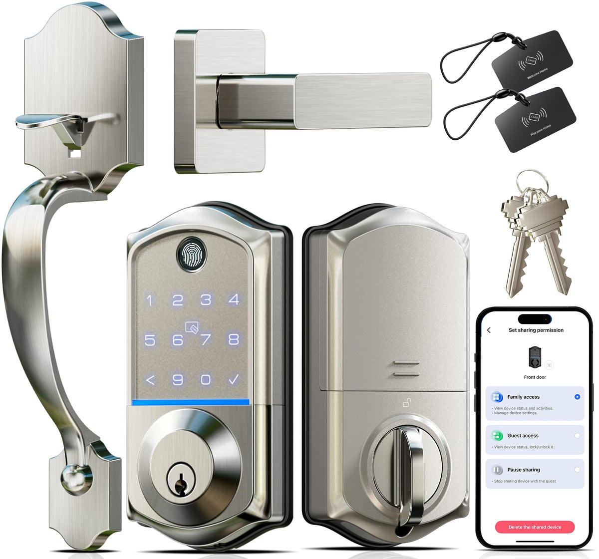 Veise VE017-H 8-in-1 Fingerprint Smart Front Door Lock Set, Matte Black