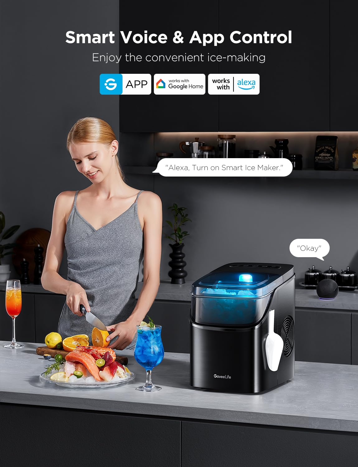 GoveeLife Smart Ice Maker Countertop, Portable Ice Machine with Voice Control, 9 Ice Cubes in 6 Minutes 3 Sizes, 26lbs/24Hrs, Self Cleaning RGB Lights, Quiet Ice Maker with Scoop for Kitchen Black