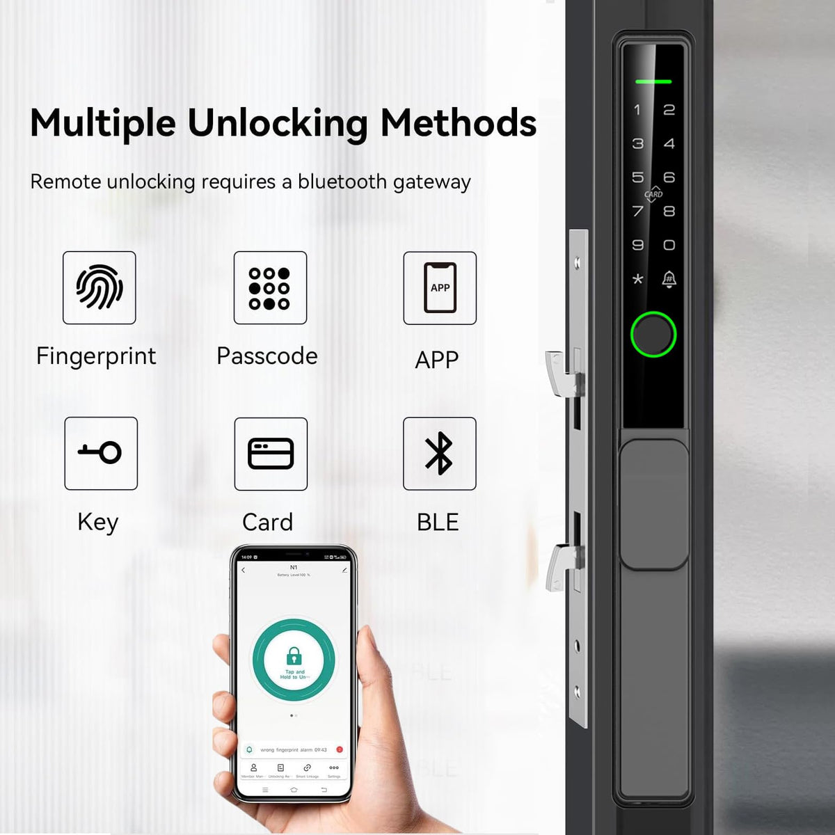 Sliding Glass Door Lock 2085 Ultra-Slim eLinkSmart Waterproof Keyless Mortise Smart Lock with Hook for Door Thickness 22~110mm (0.87"-4.33"), Aluminum Keypad Fingerprint Patio Door Tuya App