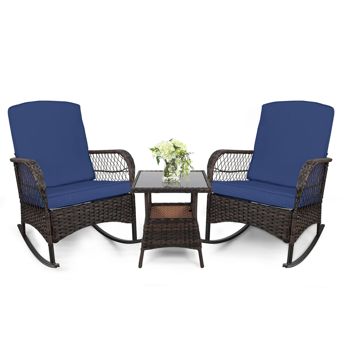 3 pcs Rocking Bistro Set Conversation Chairs PE Wicker Outdoor Rocking Chairs & Glass Table,for Porch Lawn Garden Backyard Deck(Rocking Set,Khaki)