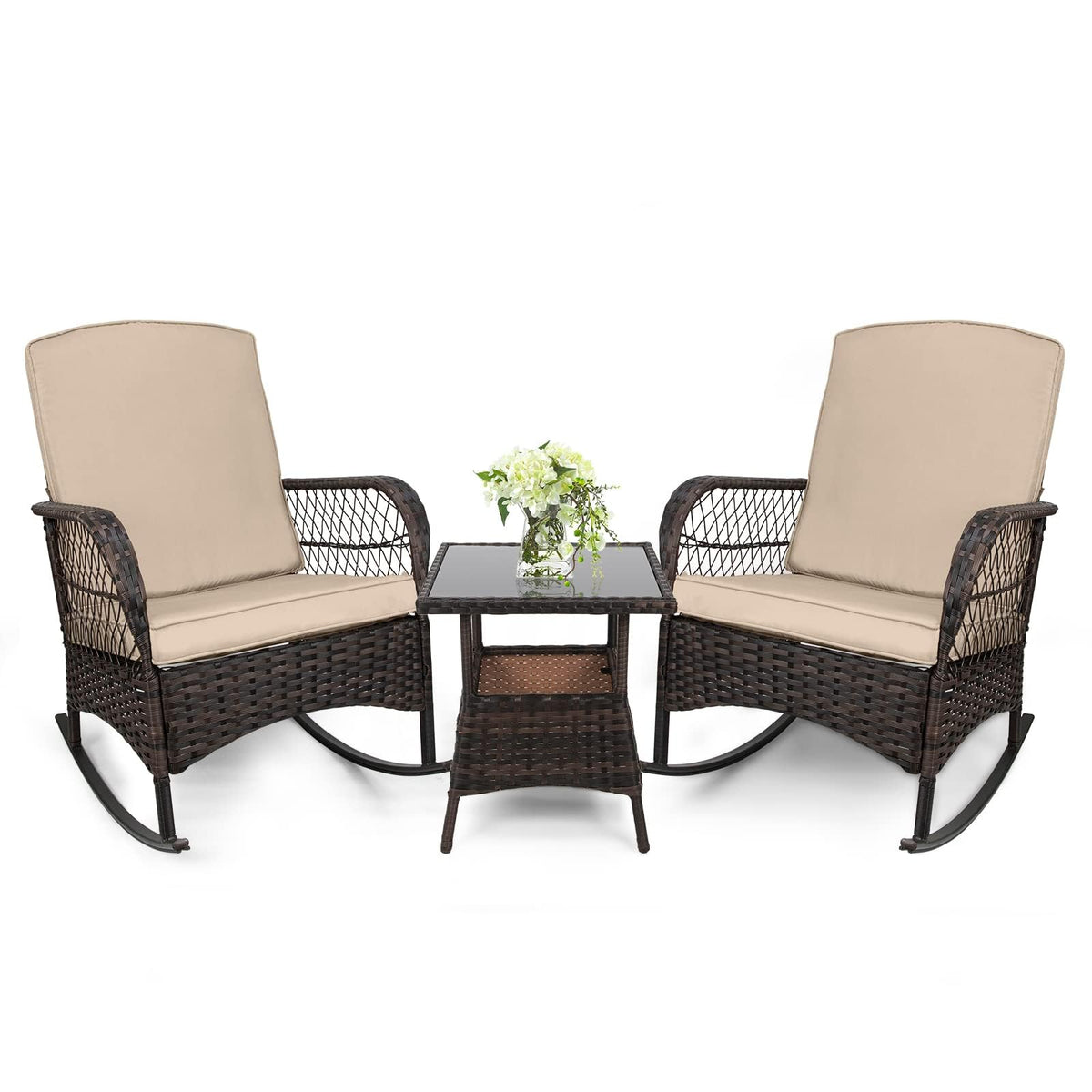 3 pcs Rocking Bistro Set Conversation Chairs PE Wicker Outdoor Rocking Chairs & Glass Table,for Porch Lawn Garden Backyard Deck(Rocking Set,Khaki)
