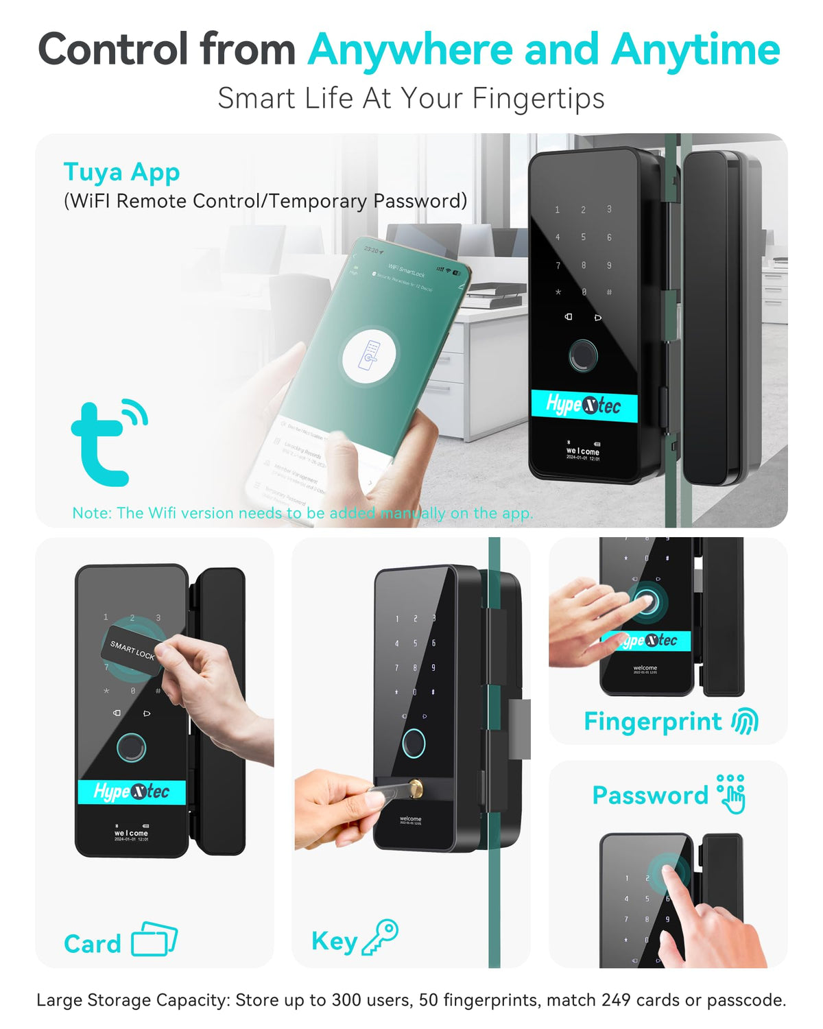Upgrade Smart Glass Door Locks for Frameless Glass Doors–Keyless Entry Deadbolts with WiFi App Control,Fingerprint,IC Card,Voice Menu and No-Drill Installation,Office Home Business