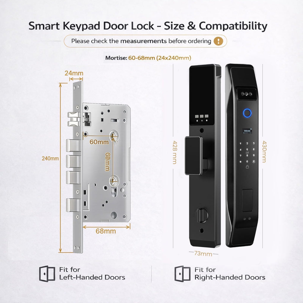 3D Face Recognition Smart Door Lock with Video Intercom, Tuya App Remote Access, Biometric Fingerprint & Palm Print Unlock, Heavy Duty Aluminum Mortise Lock for Home & Office (Black)