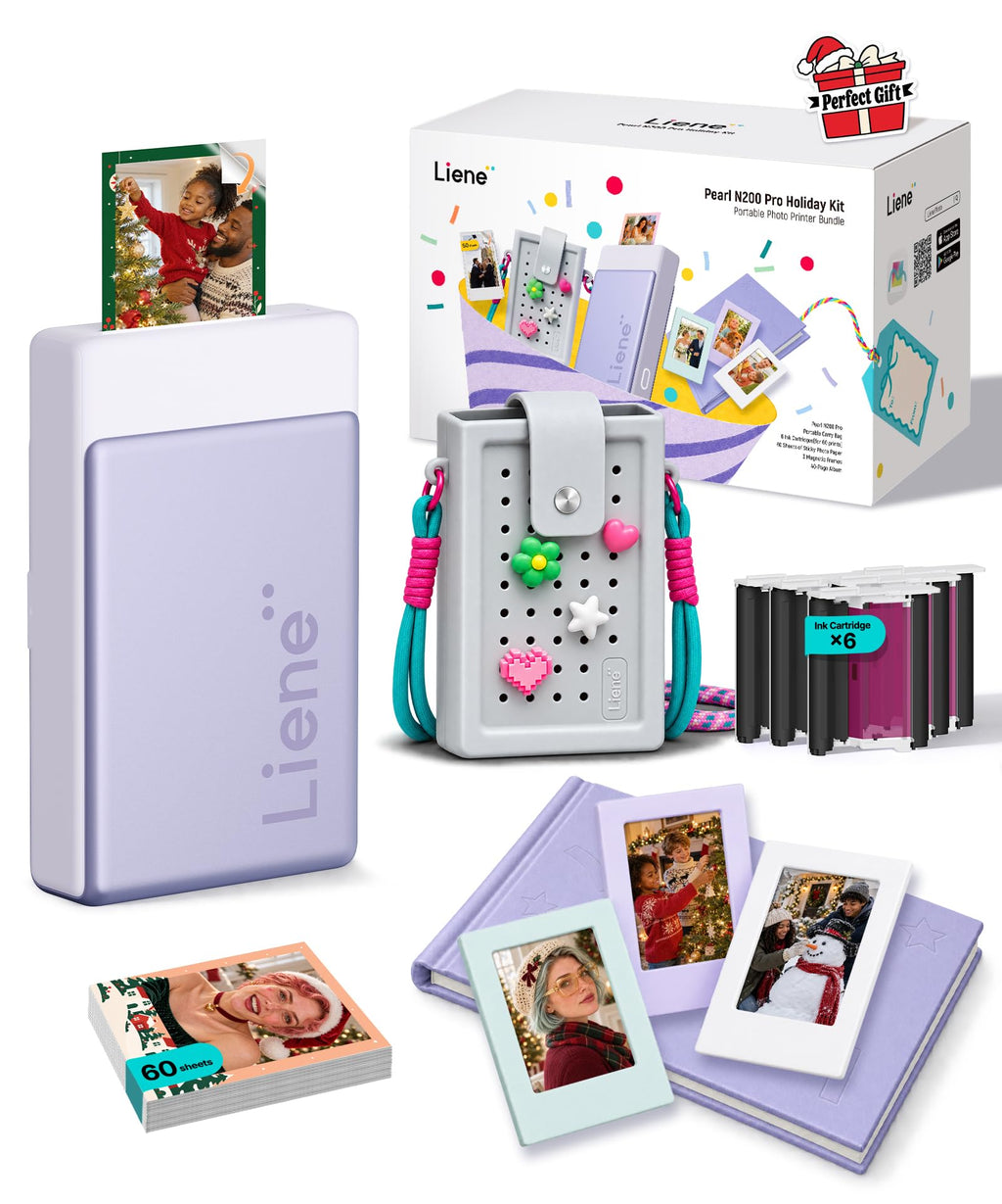 Liene Pearl N200 Pro Portable Photo Printer, Instant Mini Picture Printer for iPhone Smartphone, Thermal Dye Sublimation, Bluetooth Sticker Printer 50 Sheets 2x3 Adhesive Paper & 5 Cartridges, Purple