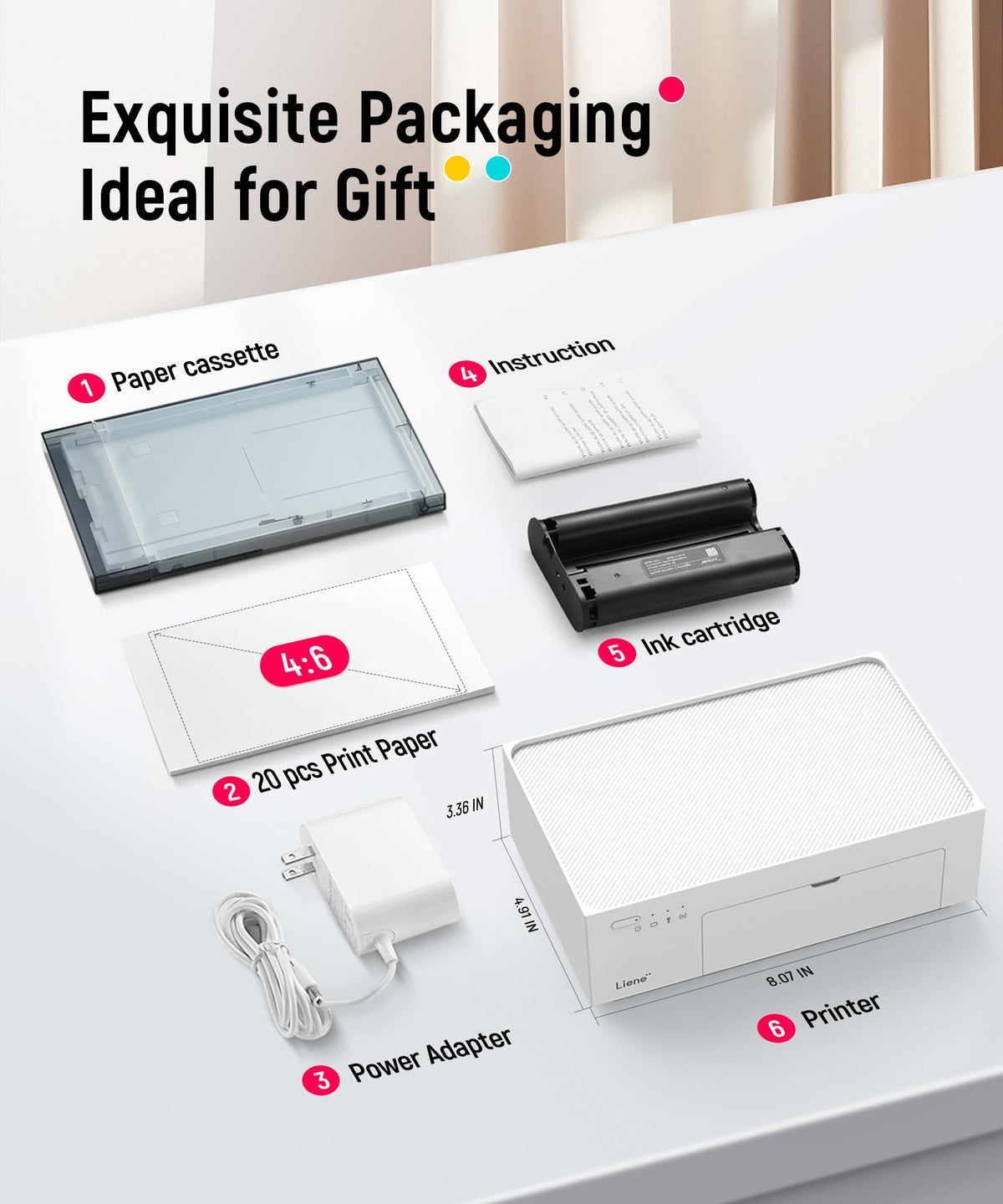 Liene White M200 4x6'' Photo Printer Battery Edition, Wireless Photo Printer for iPhone Android, Dye Sublimation Printing Full-Color Photo 20-Sheet, Portable Picture Printer Ideal for Travel Home Use