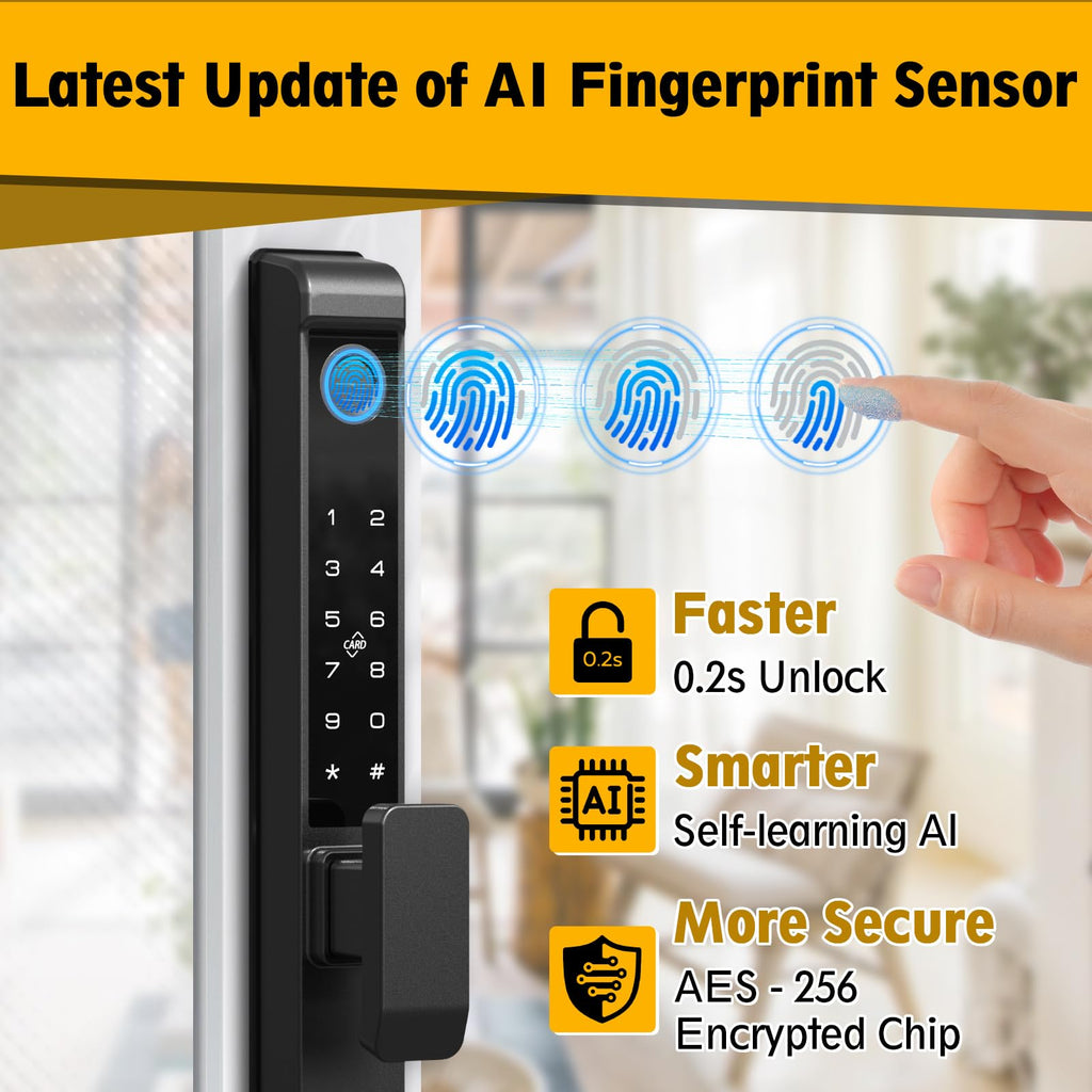 Sliding Glass Door Lock, Sliding Door Smart Lock with Fingerprint Keypad RFID Card Bluetooth App Key, 2885 Mortise Deep Pocket Patio Door Lock with Handle