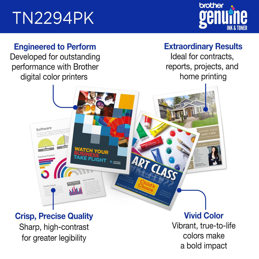 Brother Genuine TN2294PK Standard Yield 4-Pack Printer Toner Cartridges - Black, Cyan, Magenta, Yellow Toner Multipack
