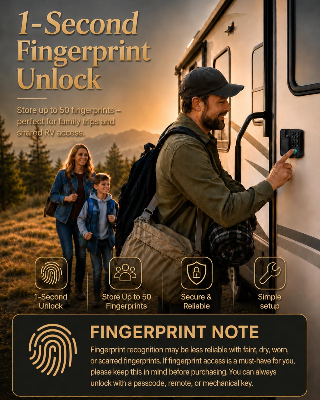 RV Door Lock with Fingerprint Unlock and 0–9 Numeric Keypad