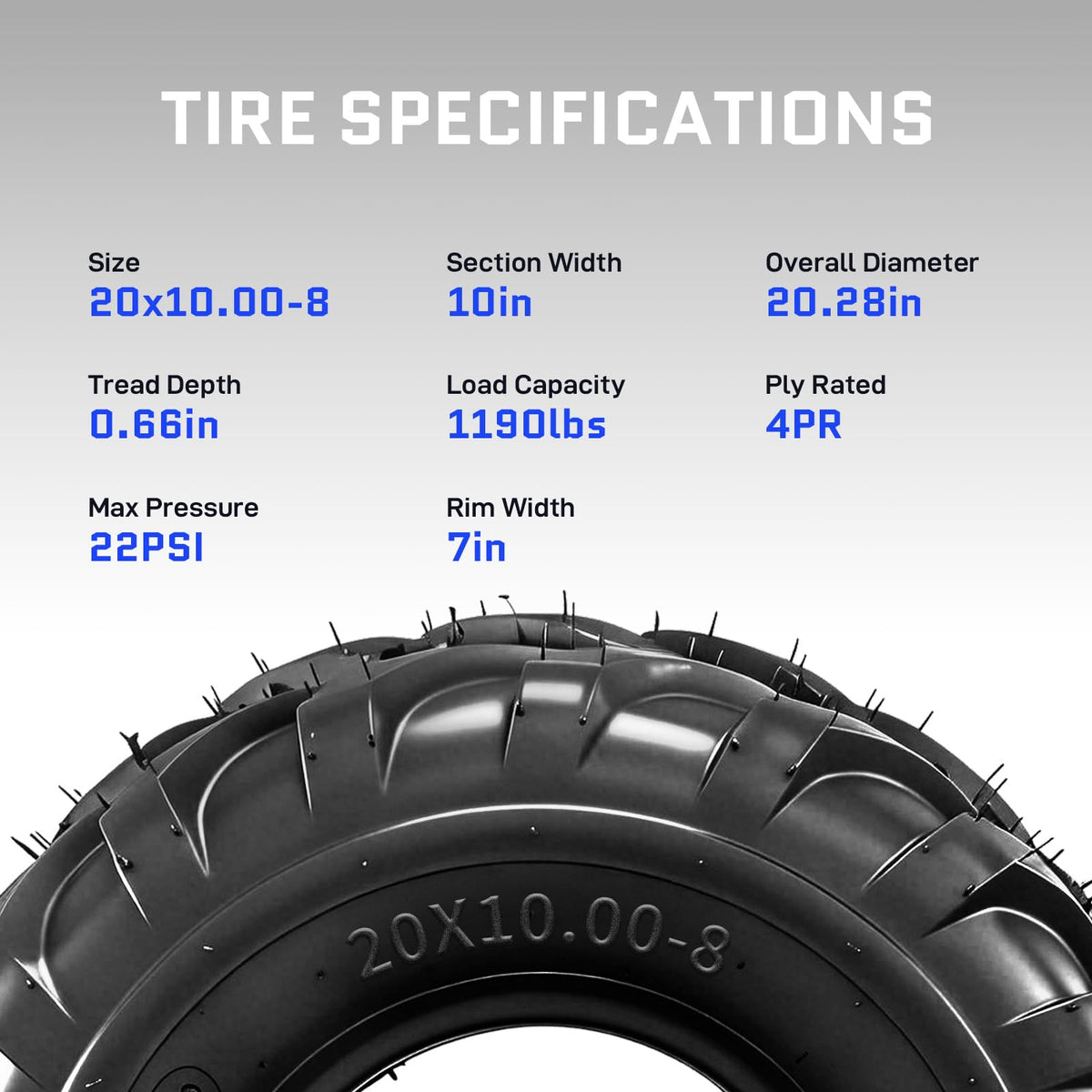 20x10.00-8 Lawn Mower Tire, 4 Ply,Tubeless,Set of 2