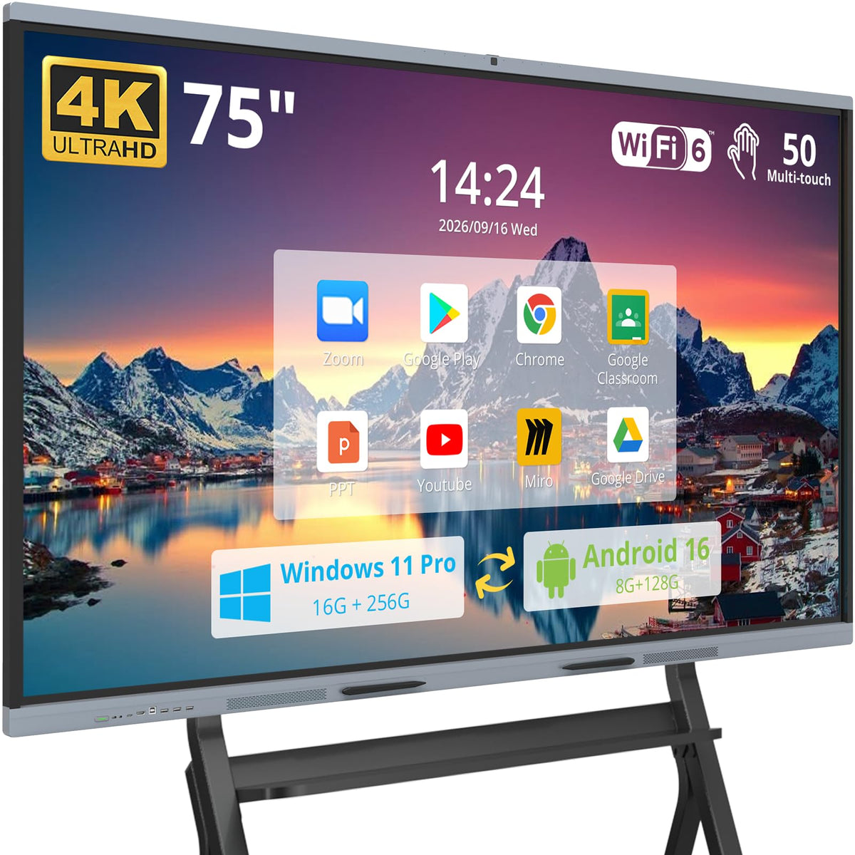 75" AI Pro Smart Board for Classroom & Office, Android 16 & Win 11 16G RAM+256G ROM, 48MP Camera Build in 4K UHD Interactive Whiteboard with Touchscreen & 8 Mic Array,Electronic Whiteboard for Meeting