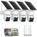 Solar Security Camera System with Home Hub, 4 Cam 4MP 360° PTZ Security Cameras Wireless Outdoor, No Monthly Fee, Local Storage, Color Night Vision, 5GHz & 2.4GHz WiFi for Home Exterior, IP66