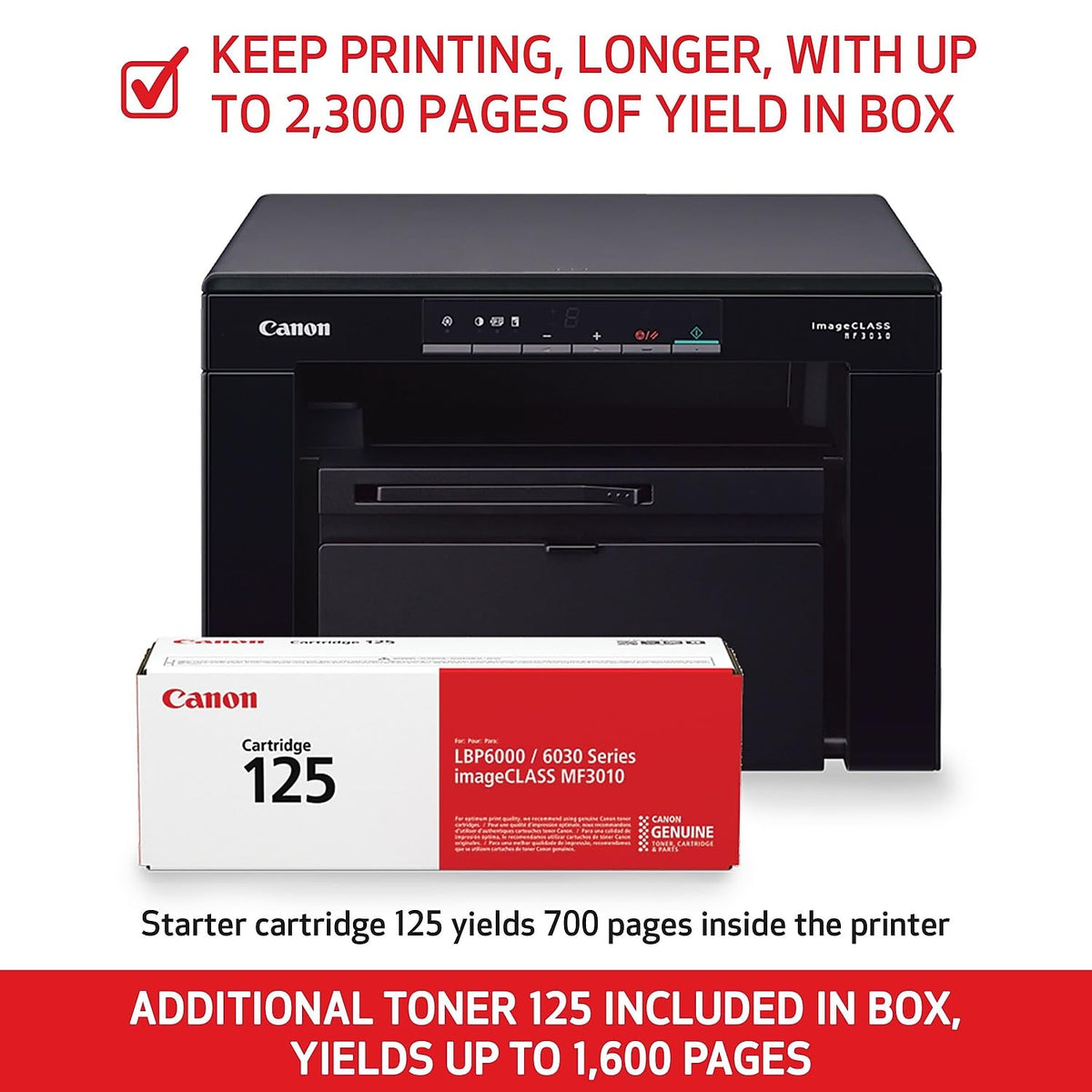 Canon imageCLASS MF3010 VP - Wired Monochrome Multifunction Laser Printer with Scanner, Copier, USB Cable Included, Up To 2,300 Page Toner Yield in Box, 19 PPM, Black