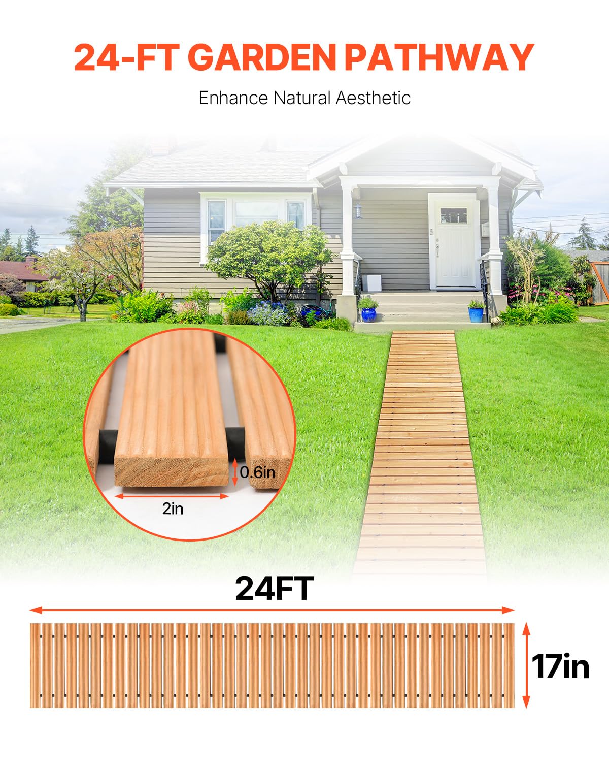 VEVOR Wooden Garden Pathway 24 ft x 17 in Roll-Out Cedar Outdoor Walkway