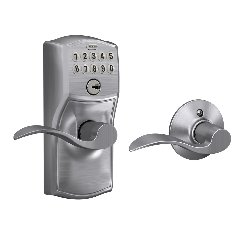 Schlage Electronic Keypad Lock, Lever Handle, Camelot Trim, Satin Chrome