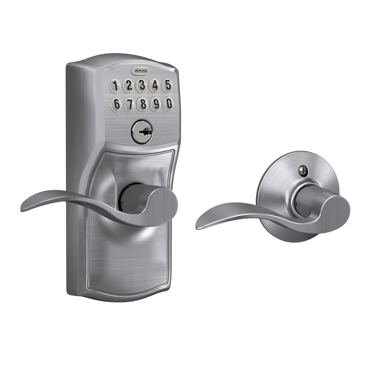 Schlage Electronic Keypad Lock, Lever Handle, Camelot Trim, Satin Chrome